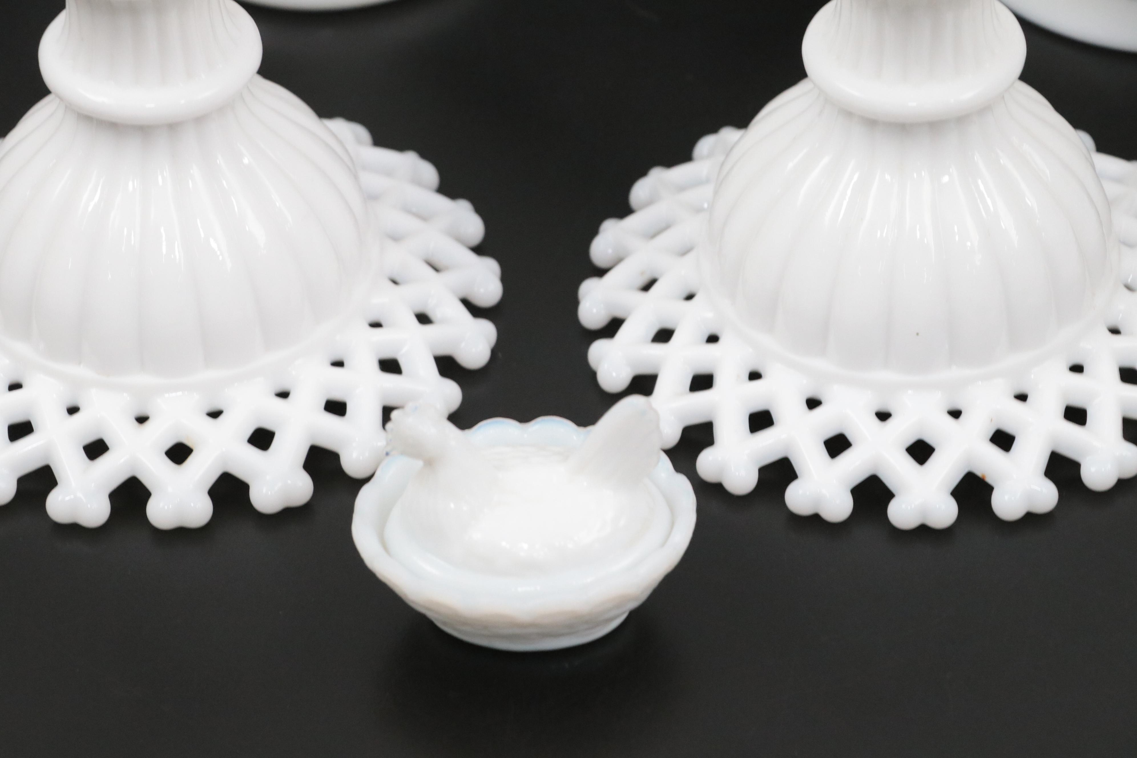 Fenton Hobnail Milk Glass Epergne with Milk Glass Hurricane Lampshade and More