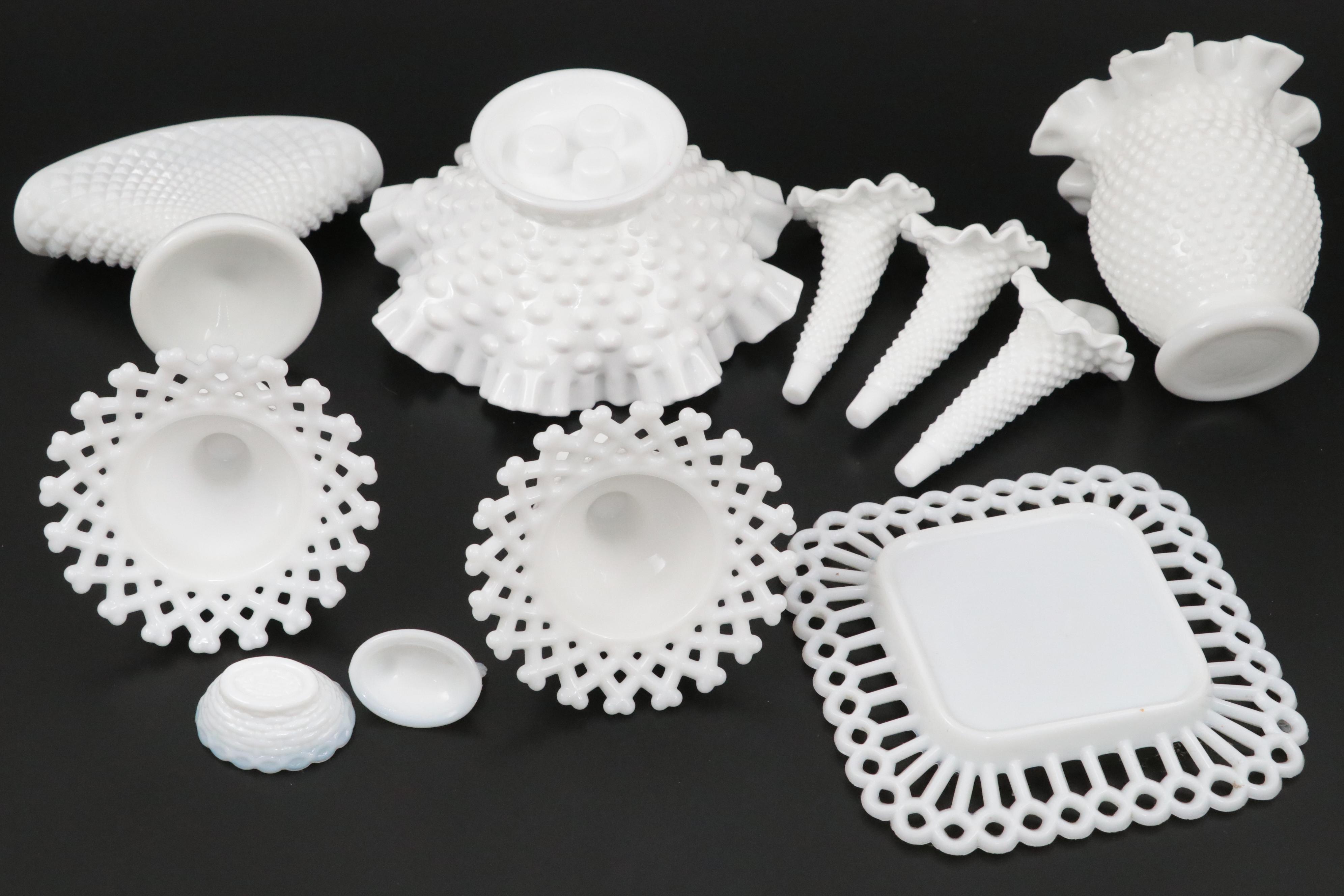 Fenton Hobnail Milk Glass Epergne with Milk Glass Hurricane Lampshade and More