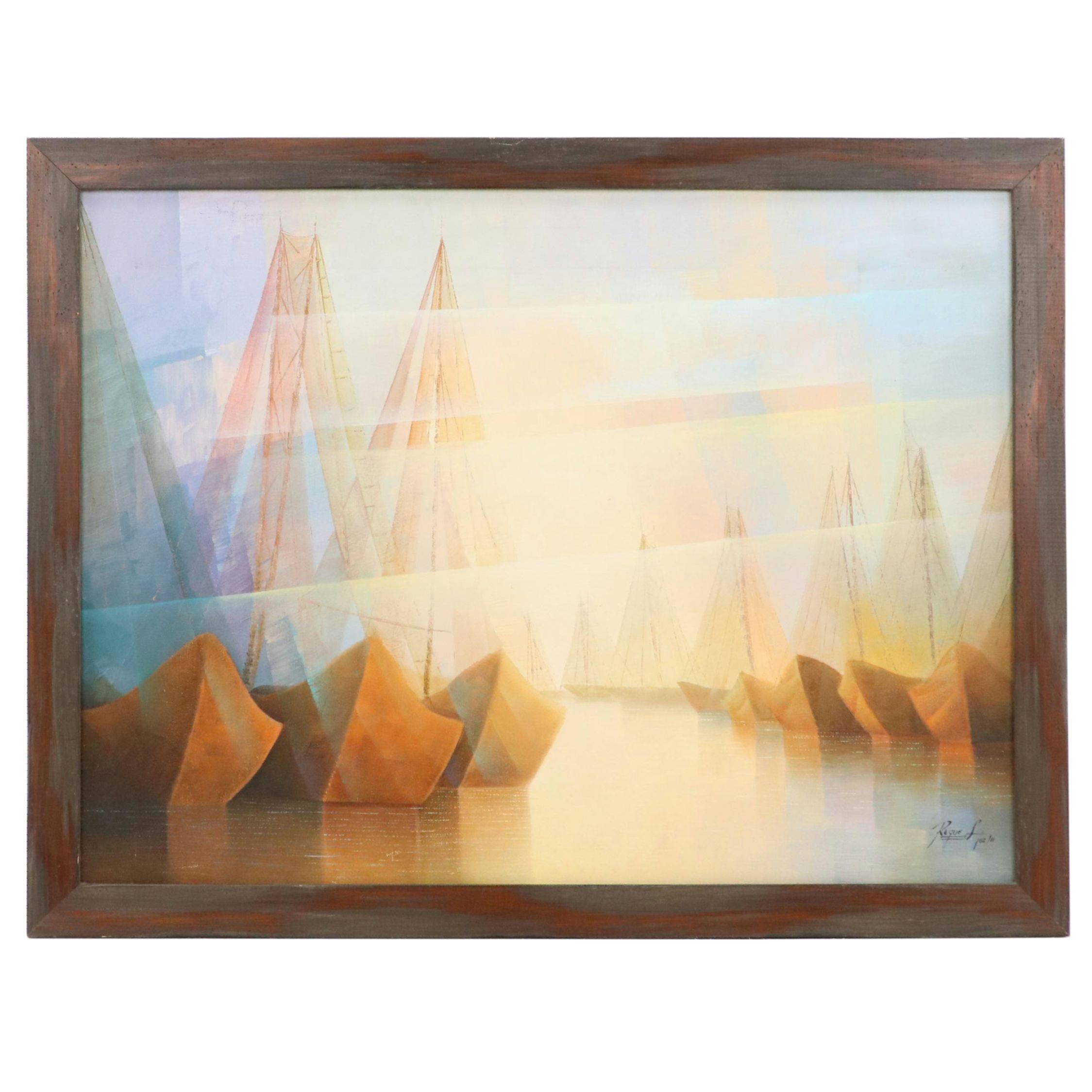 Teodoro Reque Liza Oil Painting of Seascape with Sailing Ships, 2011