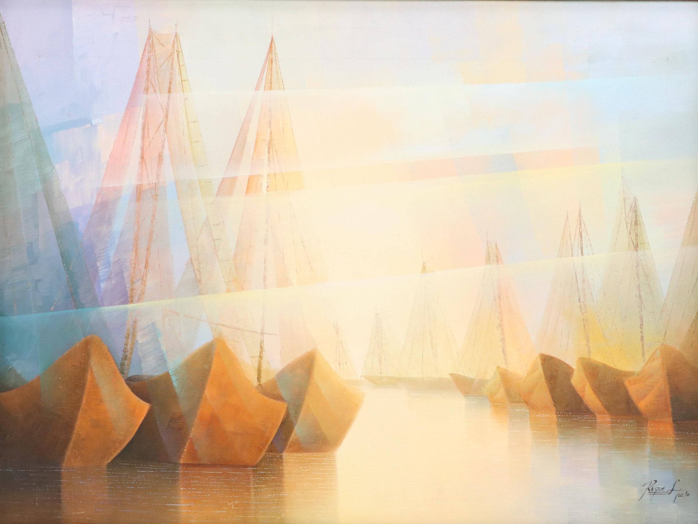 Teodoro Reque Liza Oil Painting of Seascape with Sailing Ships, 2011