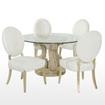 Glass Top Pedestal Dining Table with Four Marge Carson Louis XVI Style Chairs