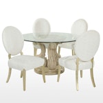 Glass Top Pedestal Dining Table with Four Marge Carson Louis XVI Style Chairs