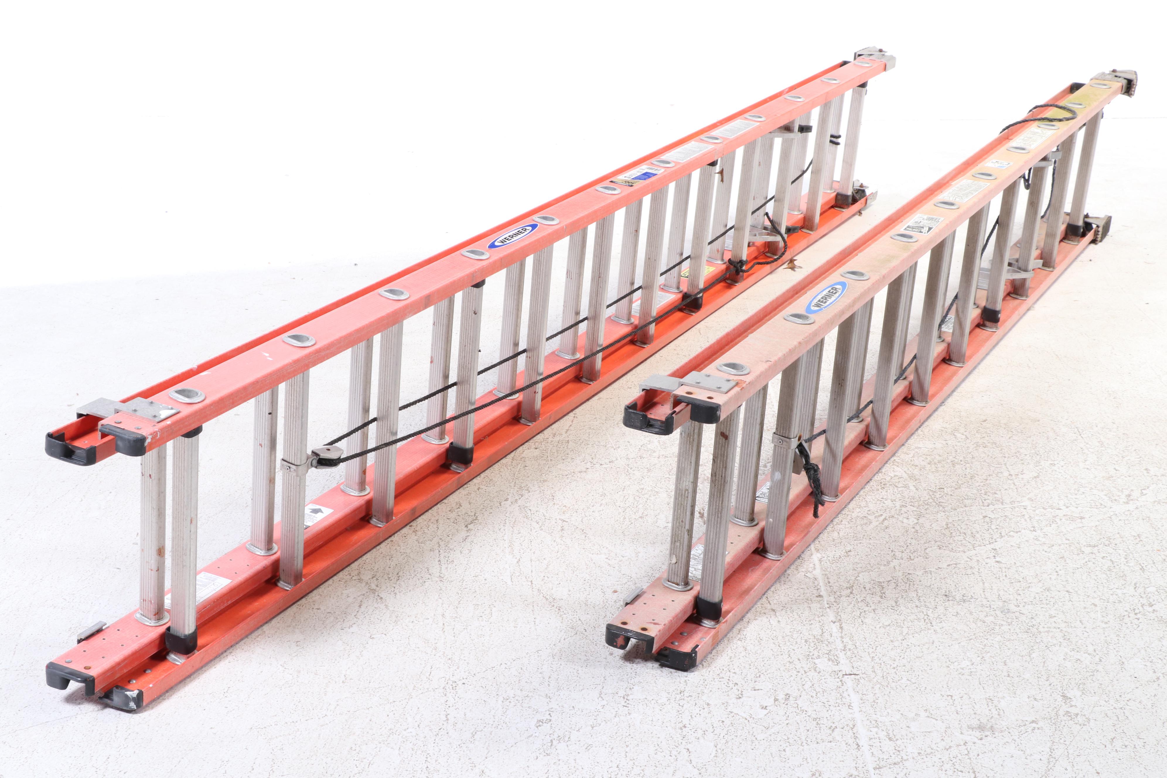 Two Werner Fiberglass and Aluminum Extension Ladders, Incl. 20' and 24' Examples