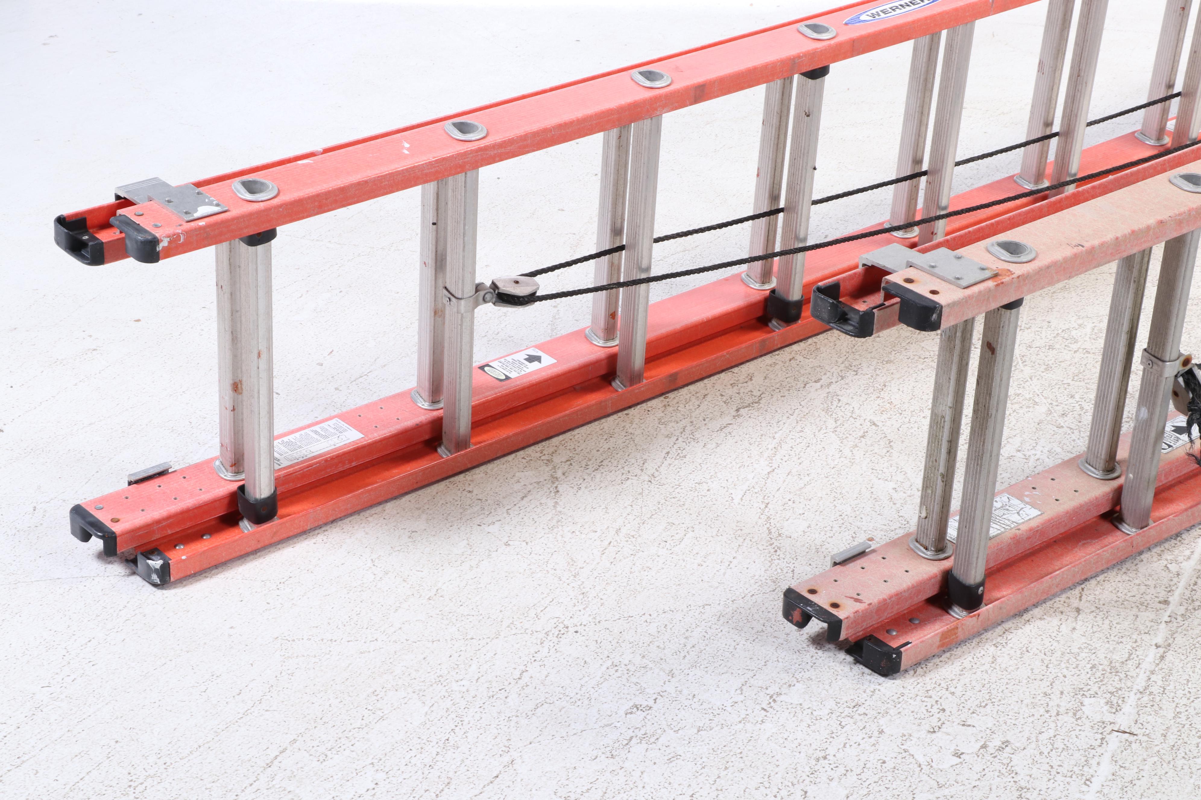 Two Werner Fiberglass and Aluminum Extension Ladders, Incl. 20' and 24' Examples