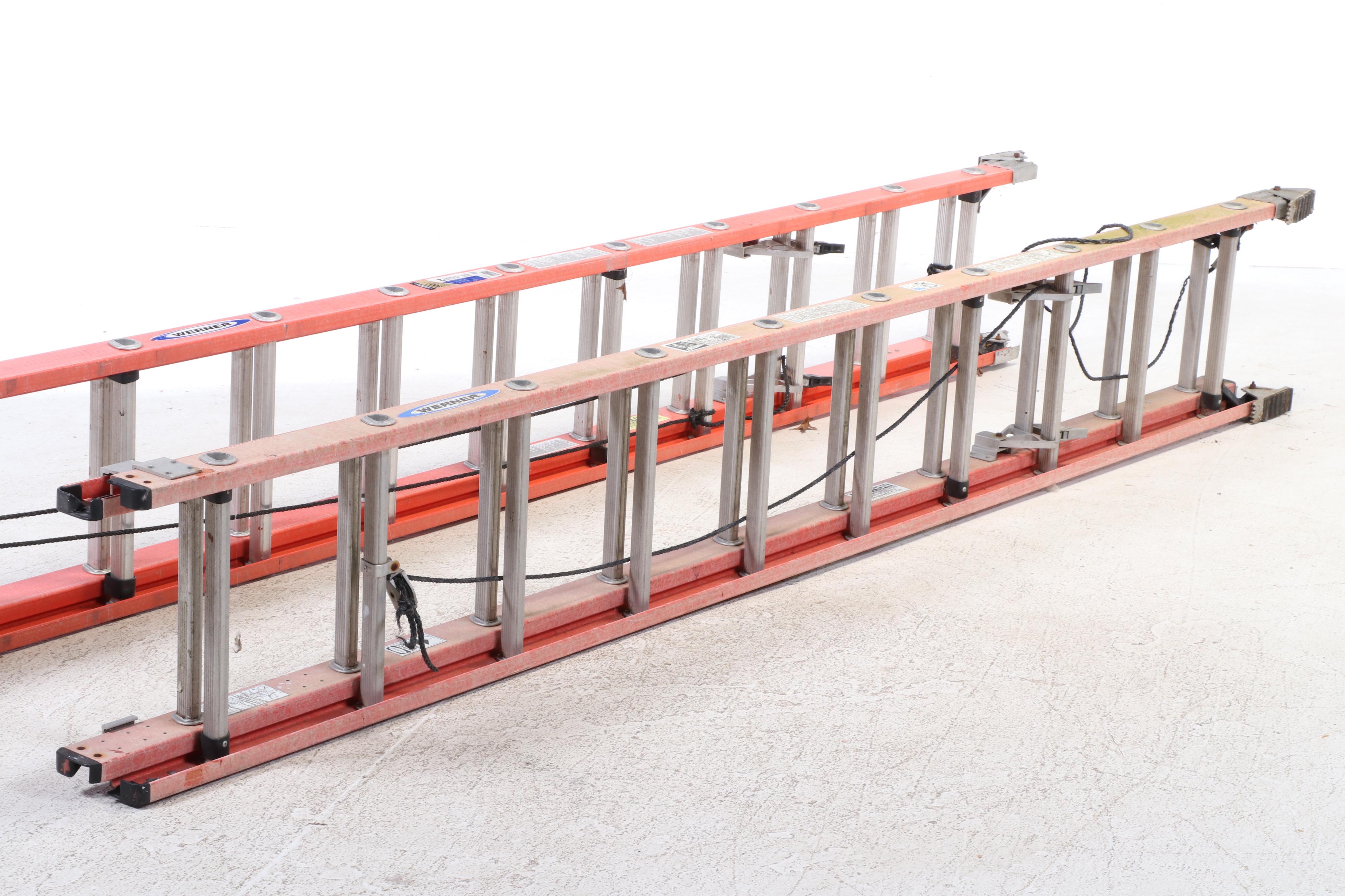 Two Werner Fiberglass and Aluminum Extension Ladders, Incl. 20' and 24' Examples