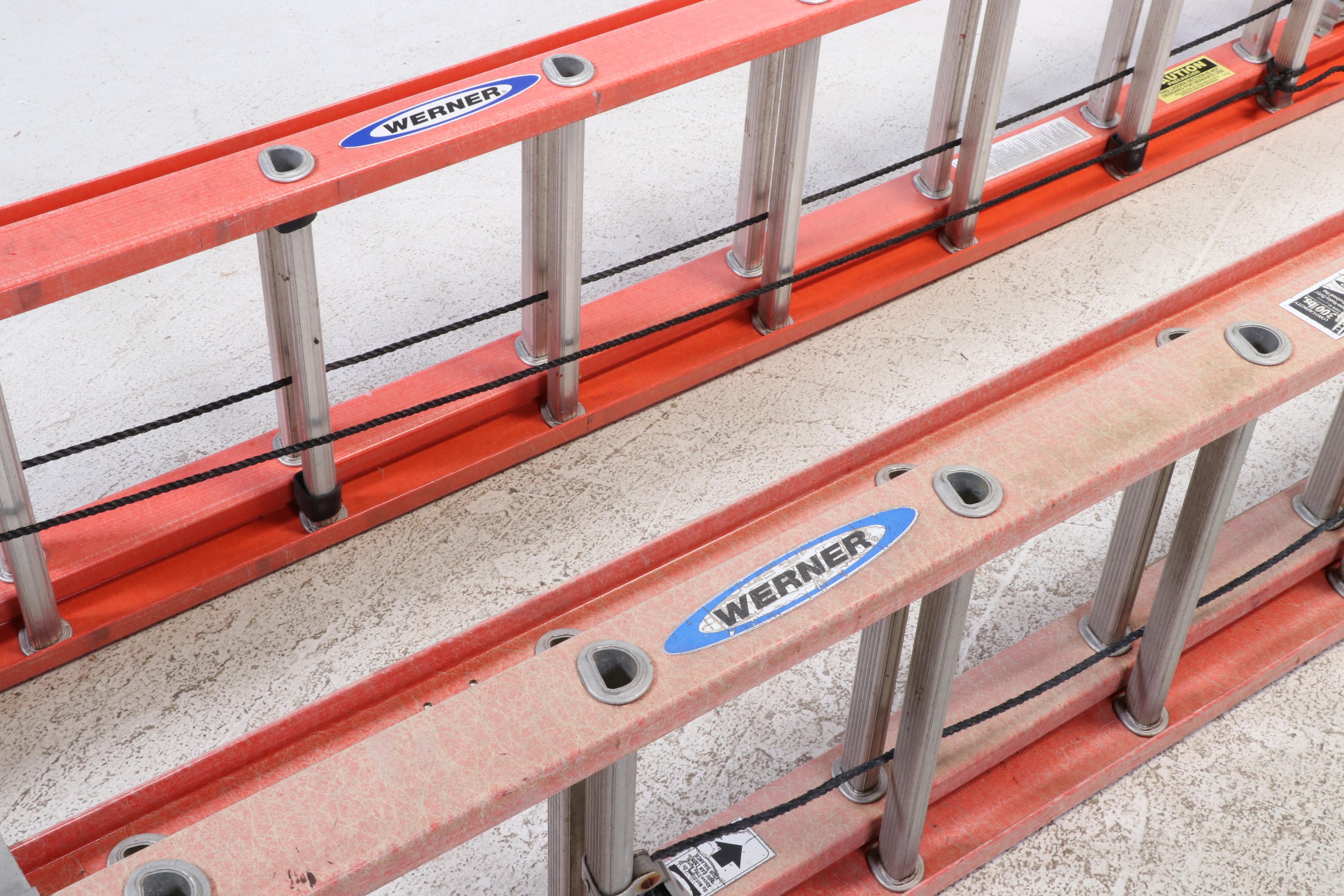 Two Werner Fiberglass and Aluminum Extension Ladders, Incl. 20' and 24' Examples