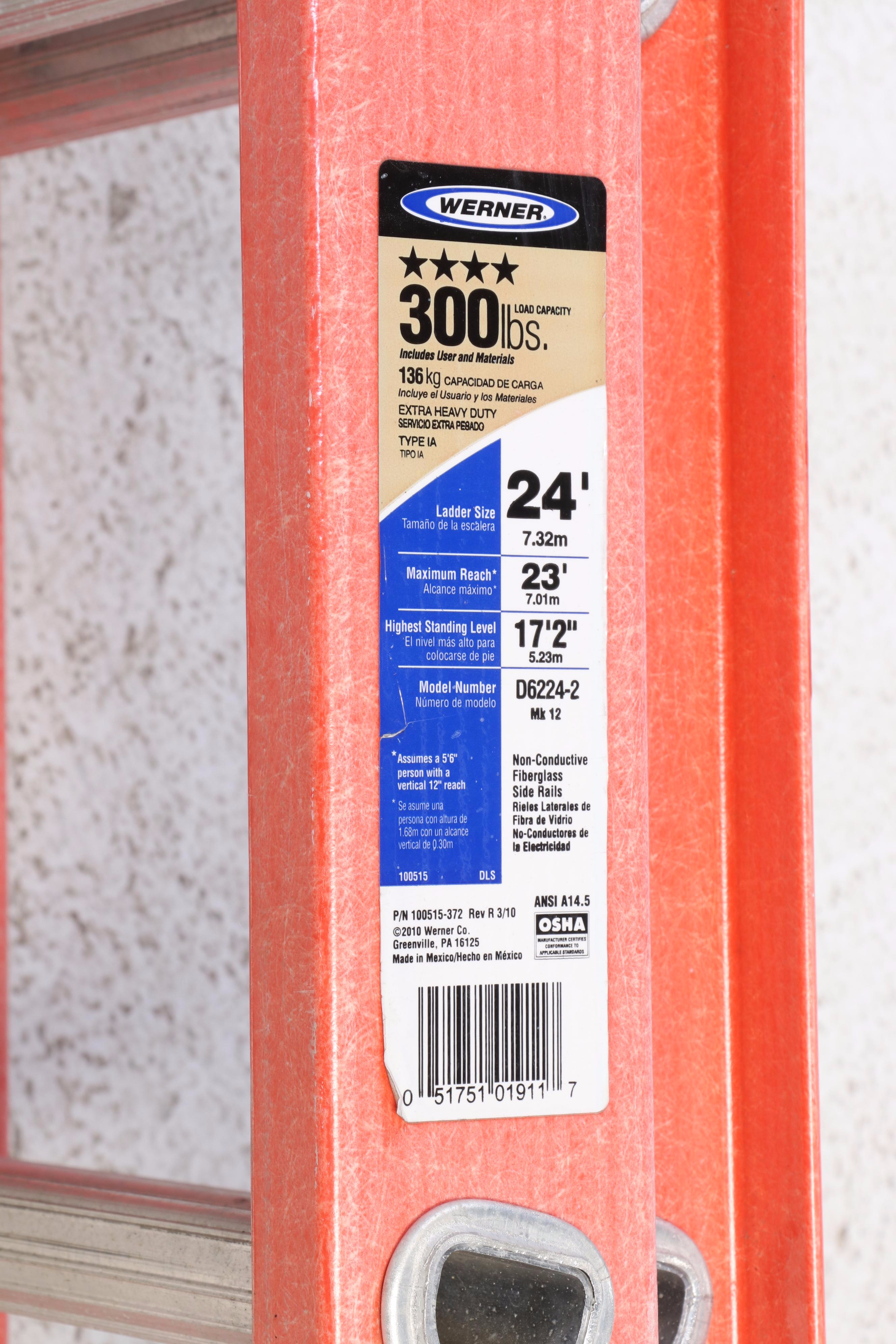 Two Werner Fiberglass and Aluminum Extension Ladders, Incl. 20' and 24' Examples