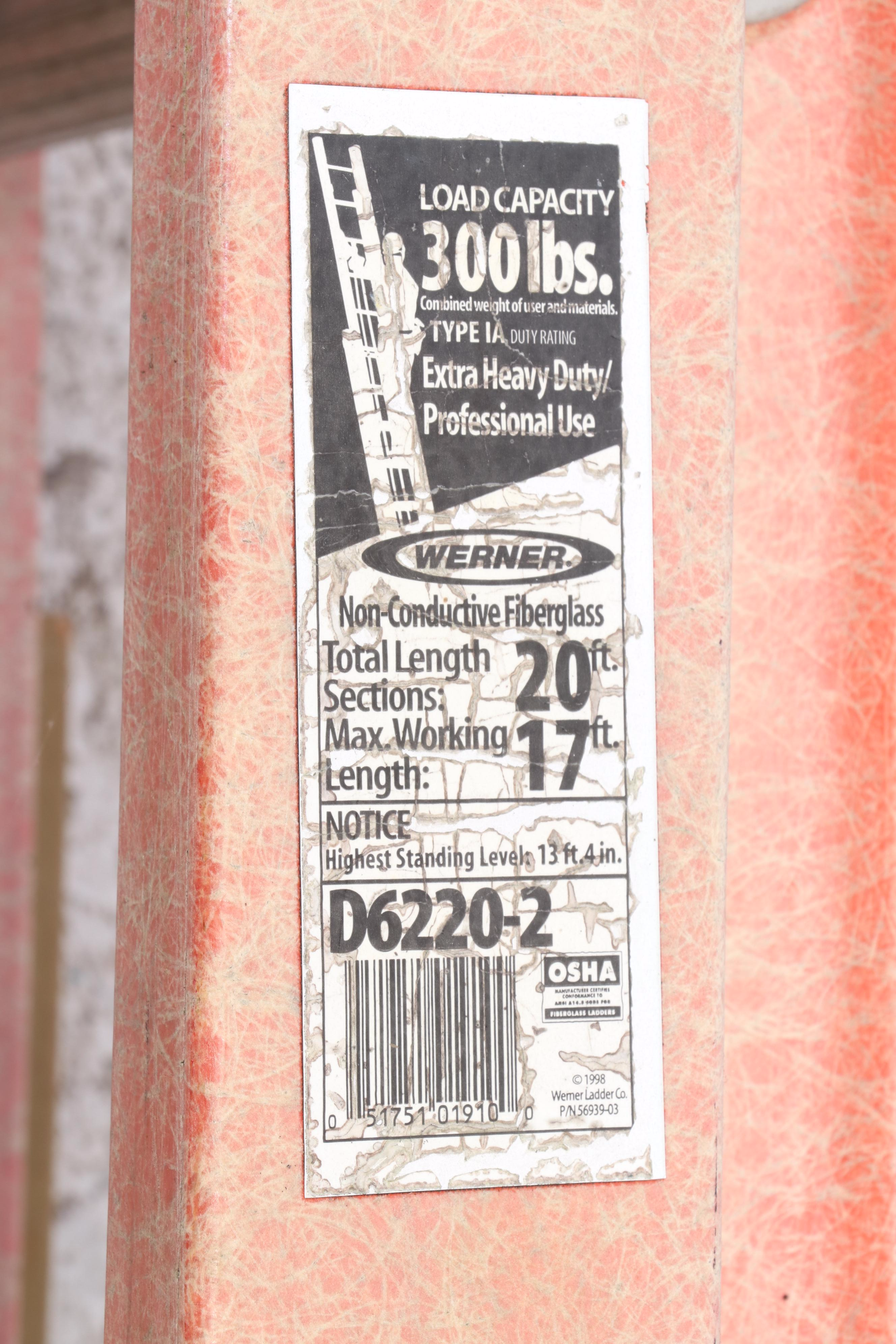 Two Werner Fiberglass and Aluminum Extension Ladders, Incl. 20' and 24' Examples