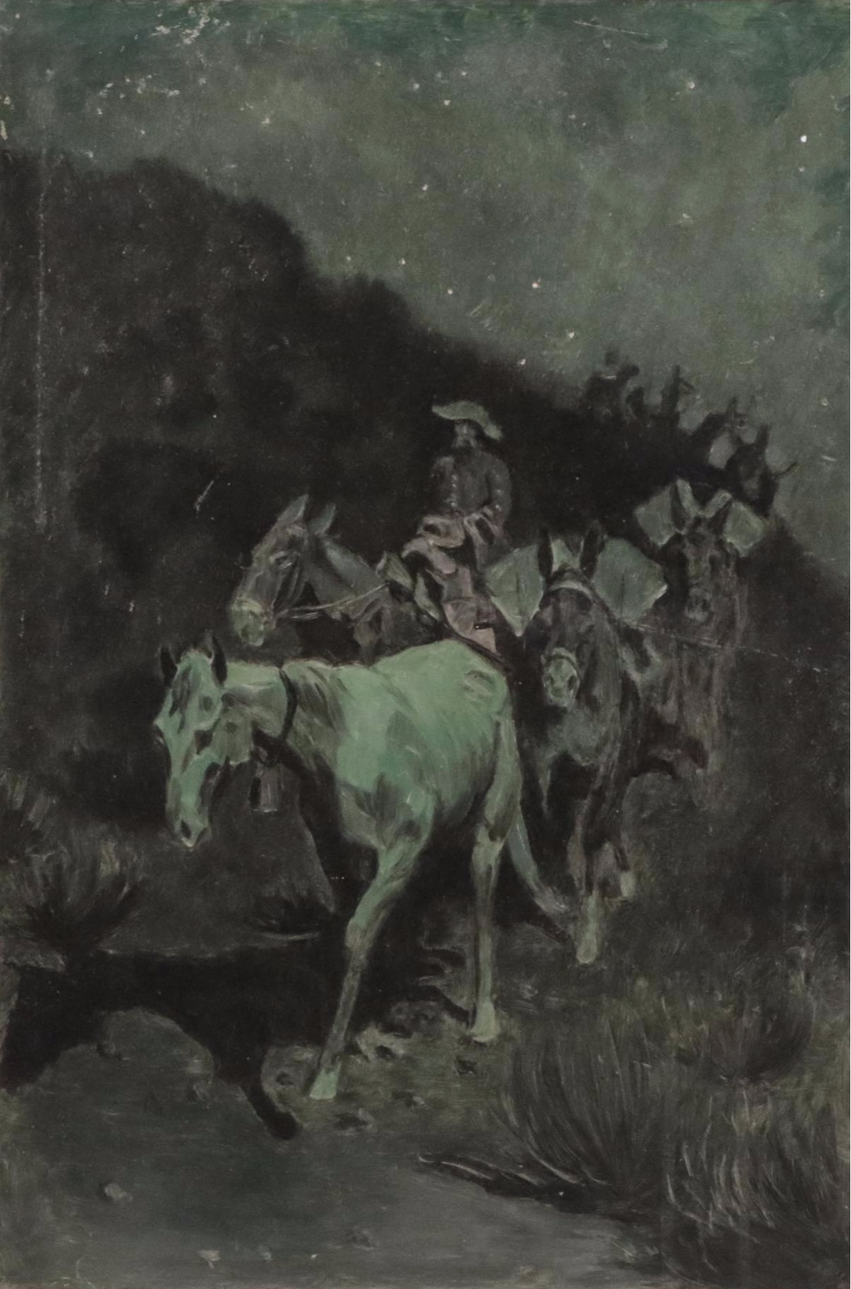 Oil Painting of Equestrian Scene of Horses and Mules on Trail with Riders