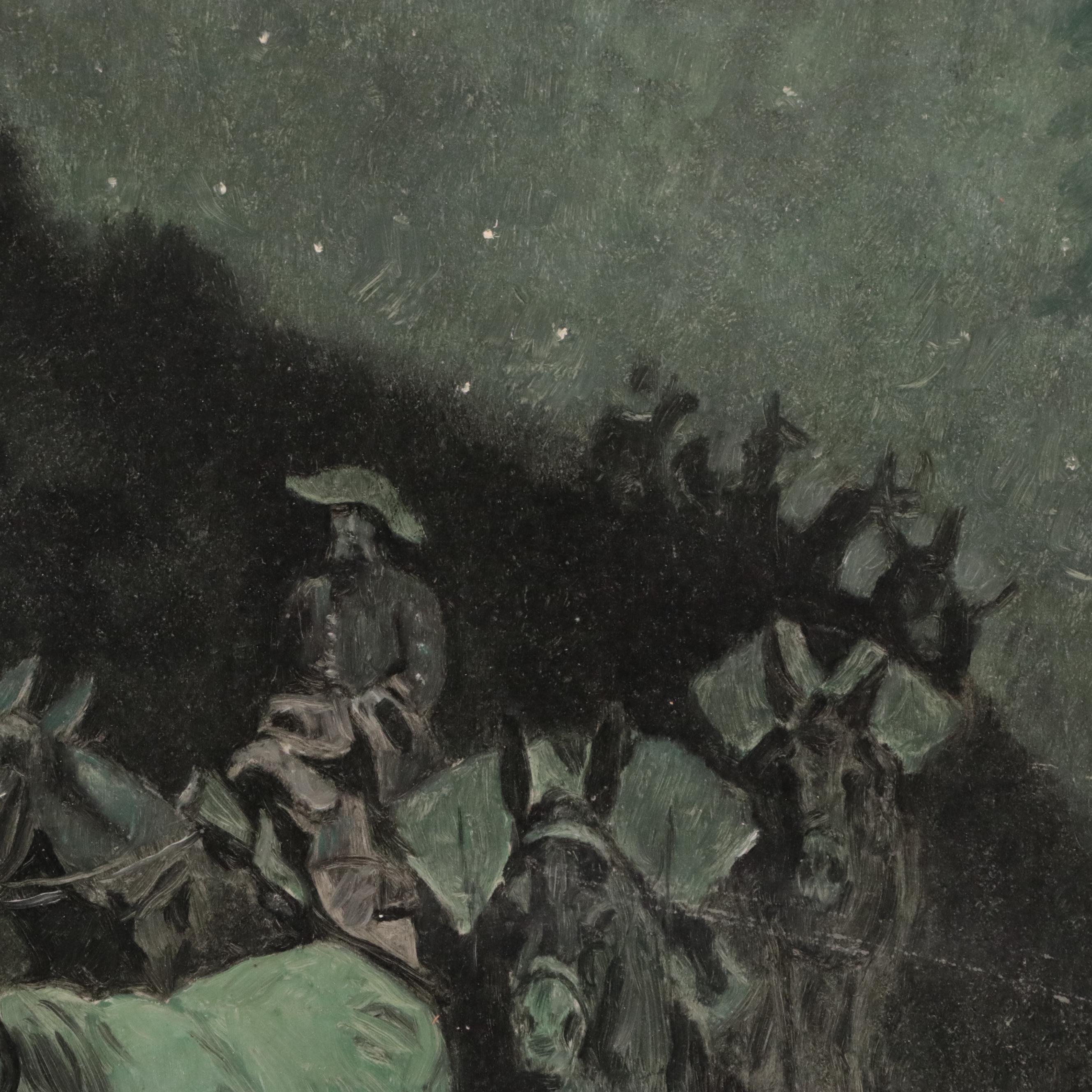 Oil Painting of Equestrian Scene of Horses and Mules on Trail with Riders