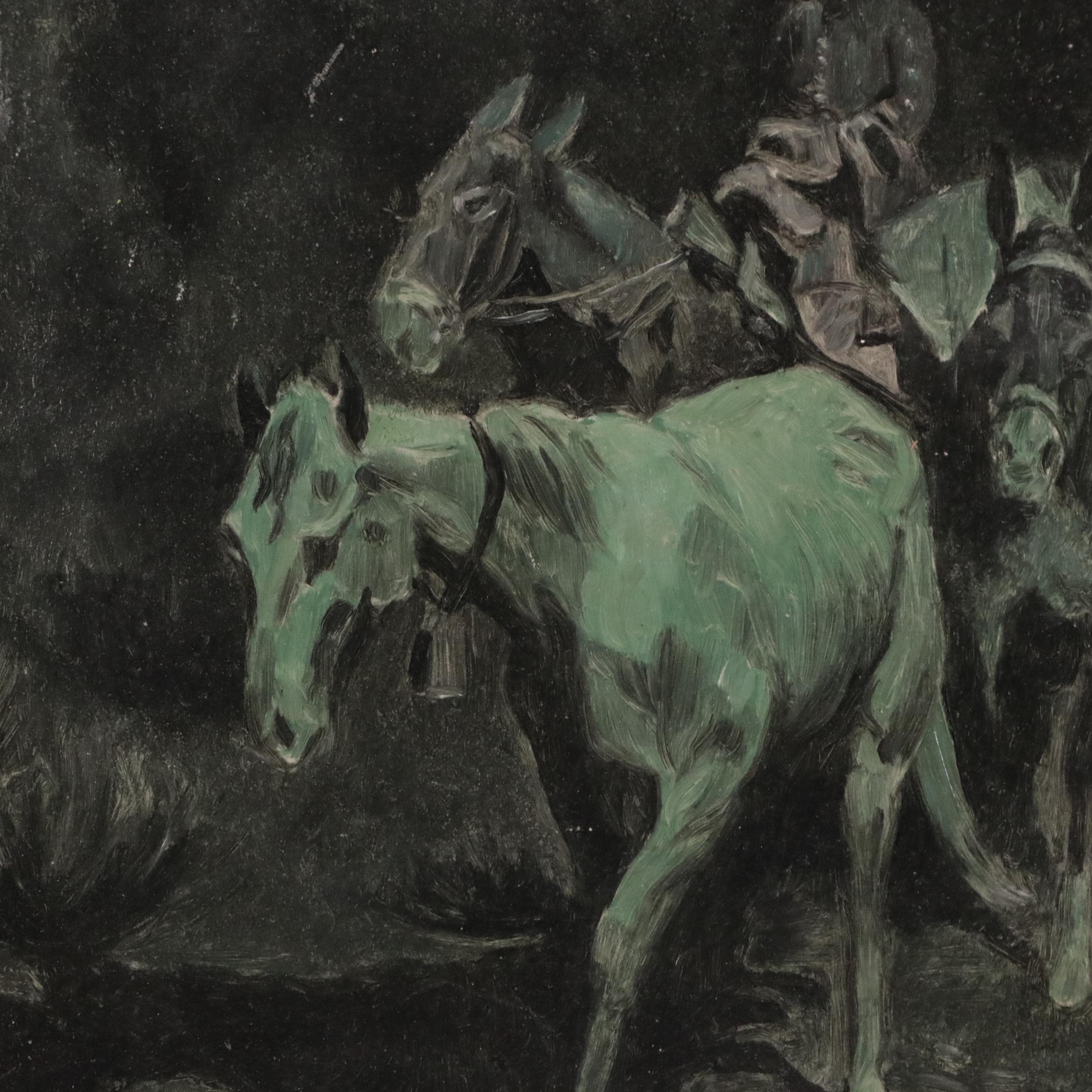 Oil Painting of Equestrian Scene of Horses and Mules on Trail with Riders