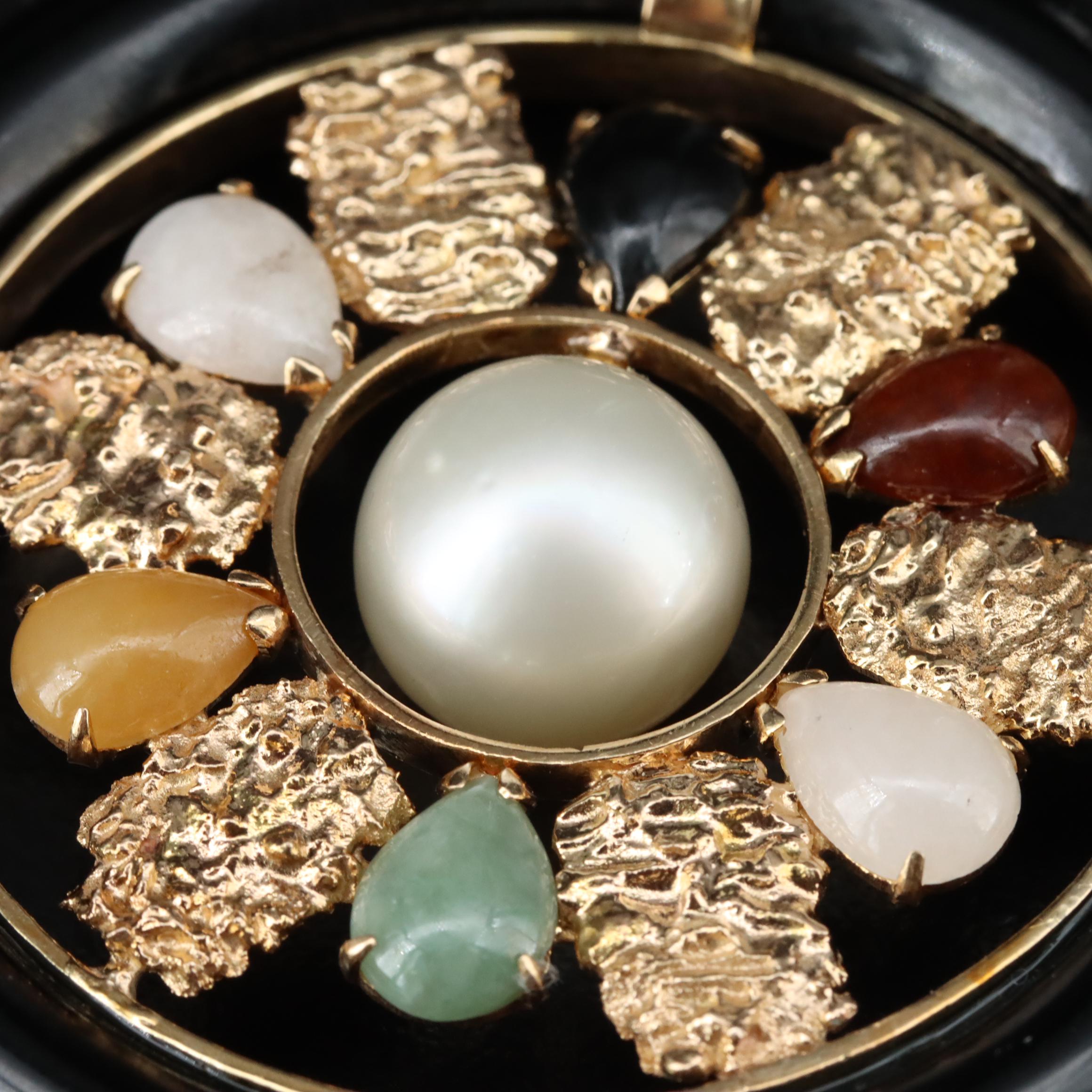 14K Pearl, Jadeite and Black Onyx Circle Pendant