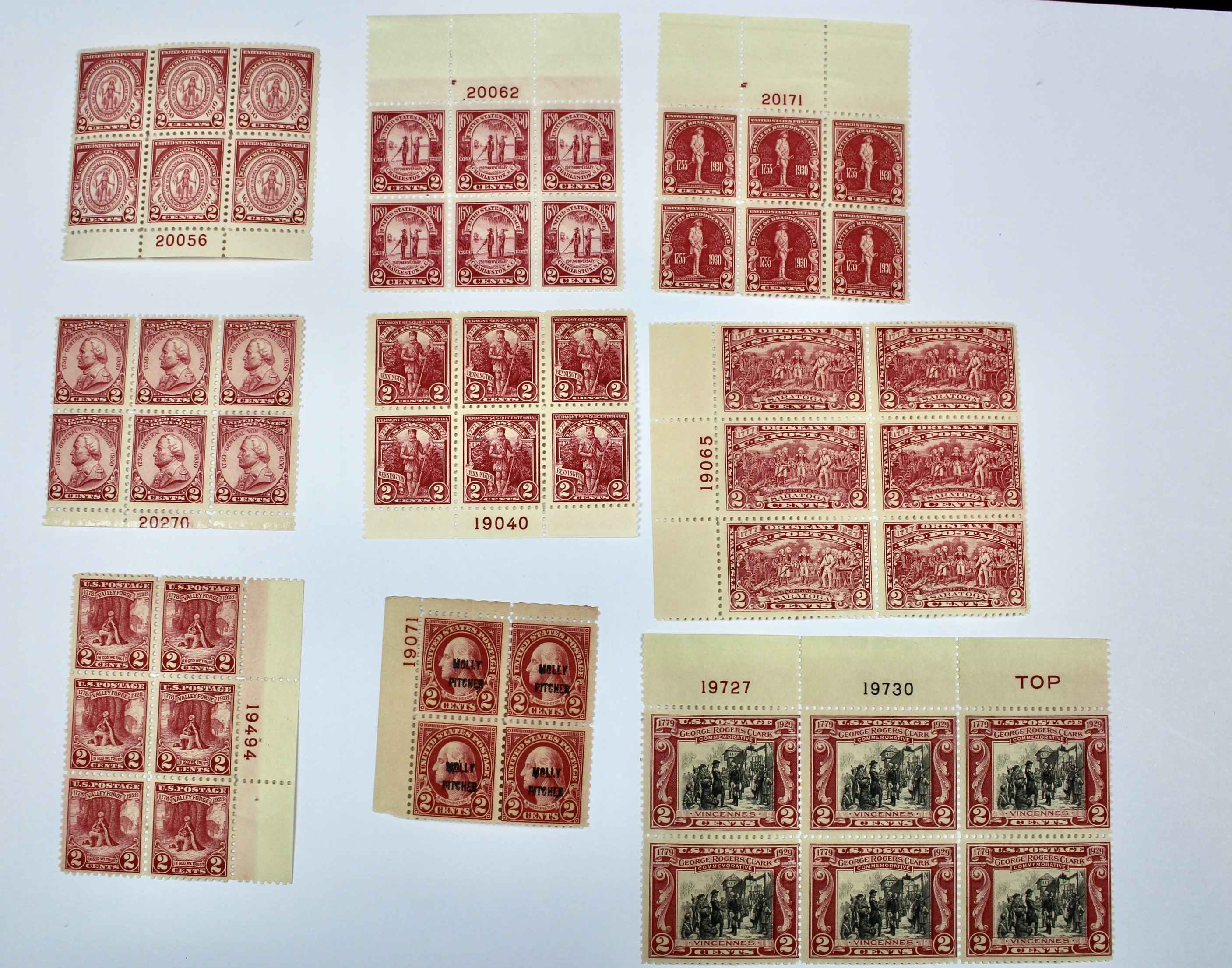 Fourteen Earlier Red Series Postage Stamp Plate Blocks, 1927 to 1930
