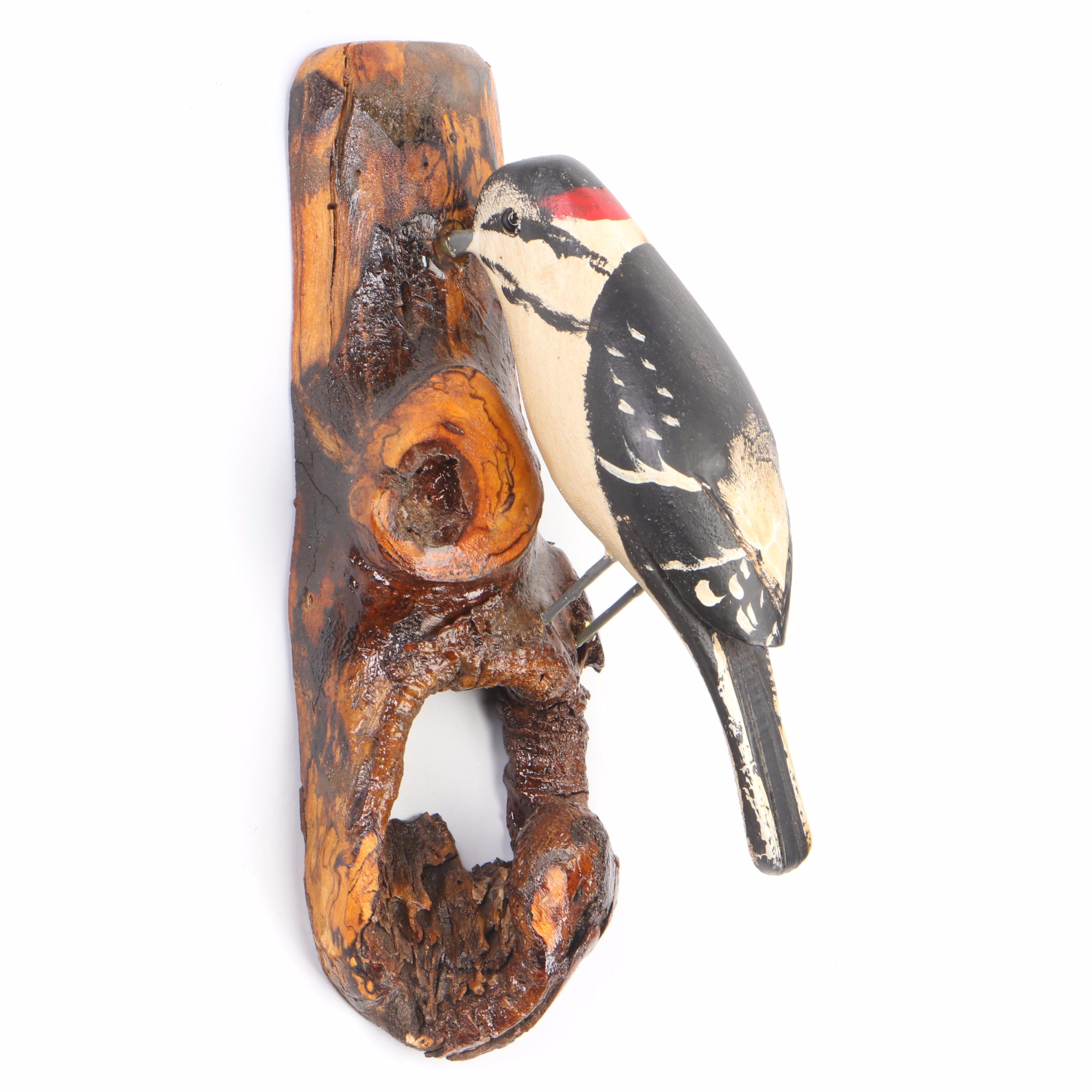 Jim & Pat Slack Hand-Painted and Carved Downy Woodpecker With Tree Knot