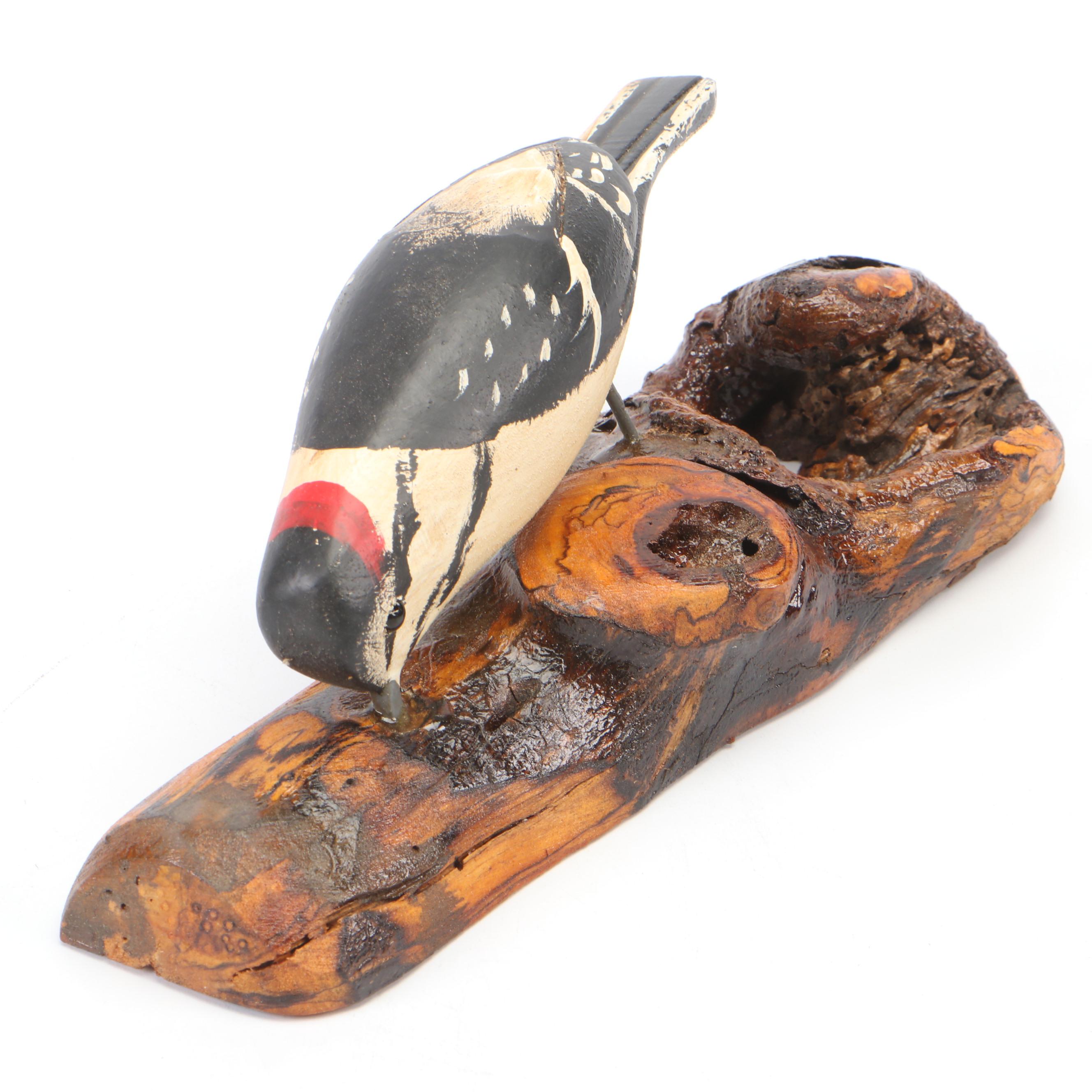 Jim & Pat Slack Hand-Painted and Carved Downy Woodpecker With Tree Knot
