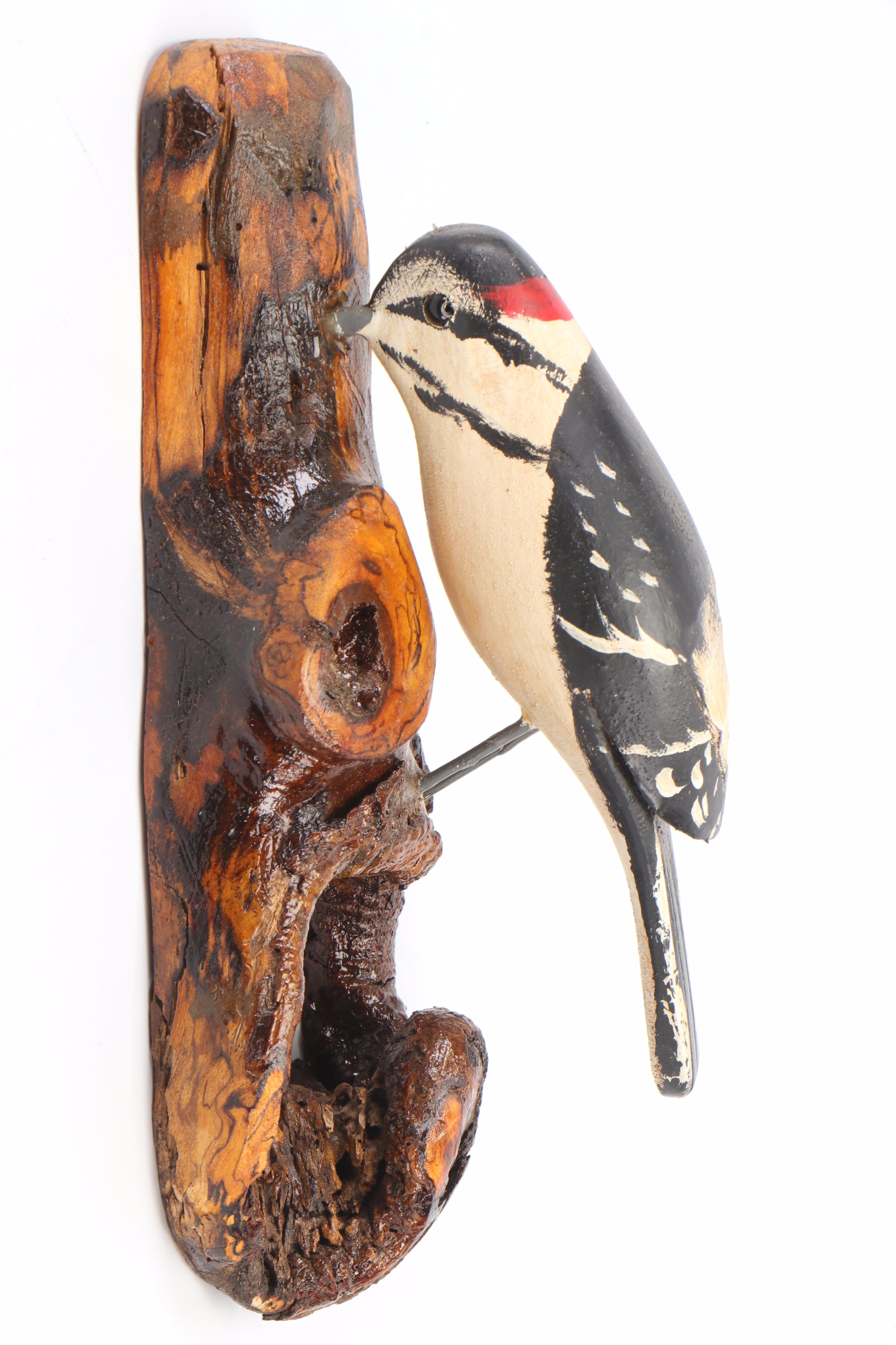 Jim & Pat Slack Hand-Painted and Carved Downy Woodpecker With Tree Knot