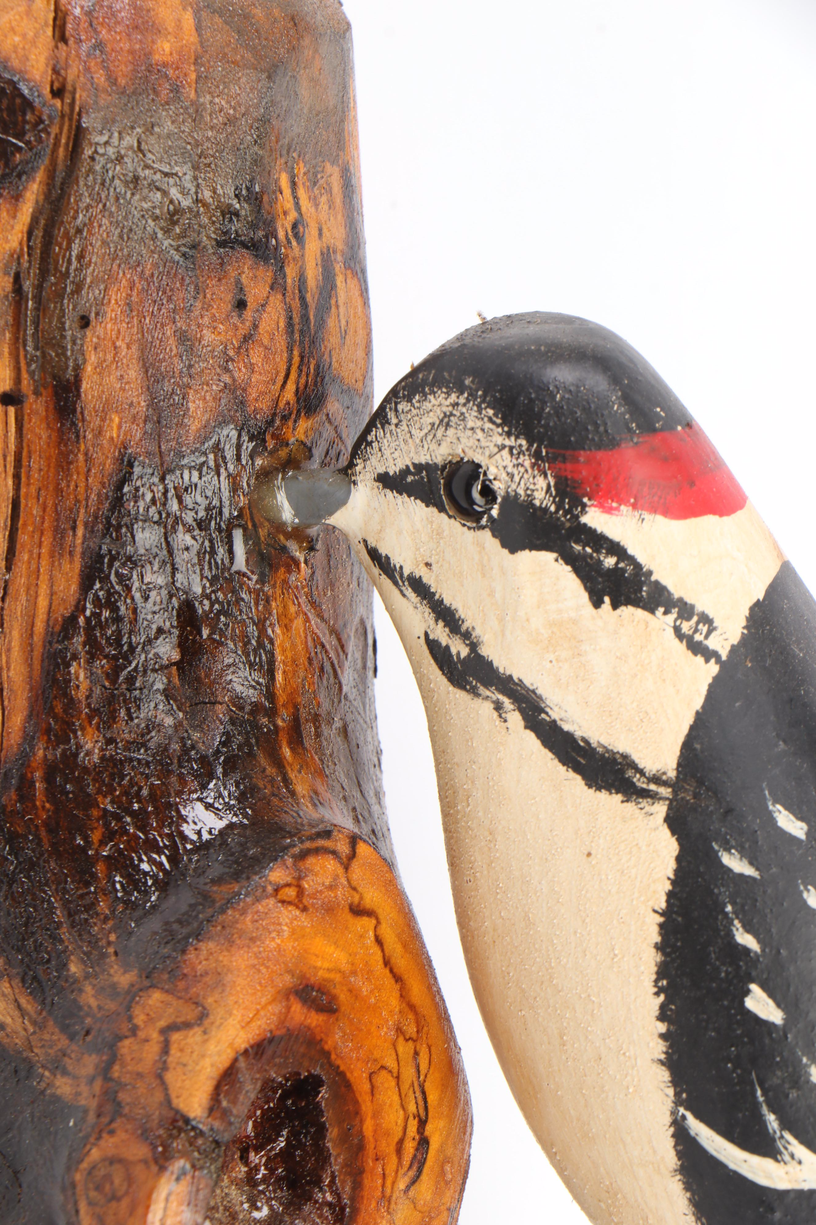Jim & Pat Slack Hand-Painted and Carved Downy Woodpecker With Tree Knot