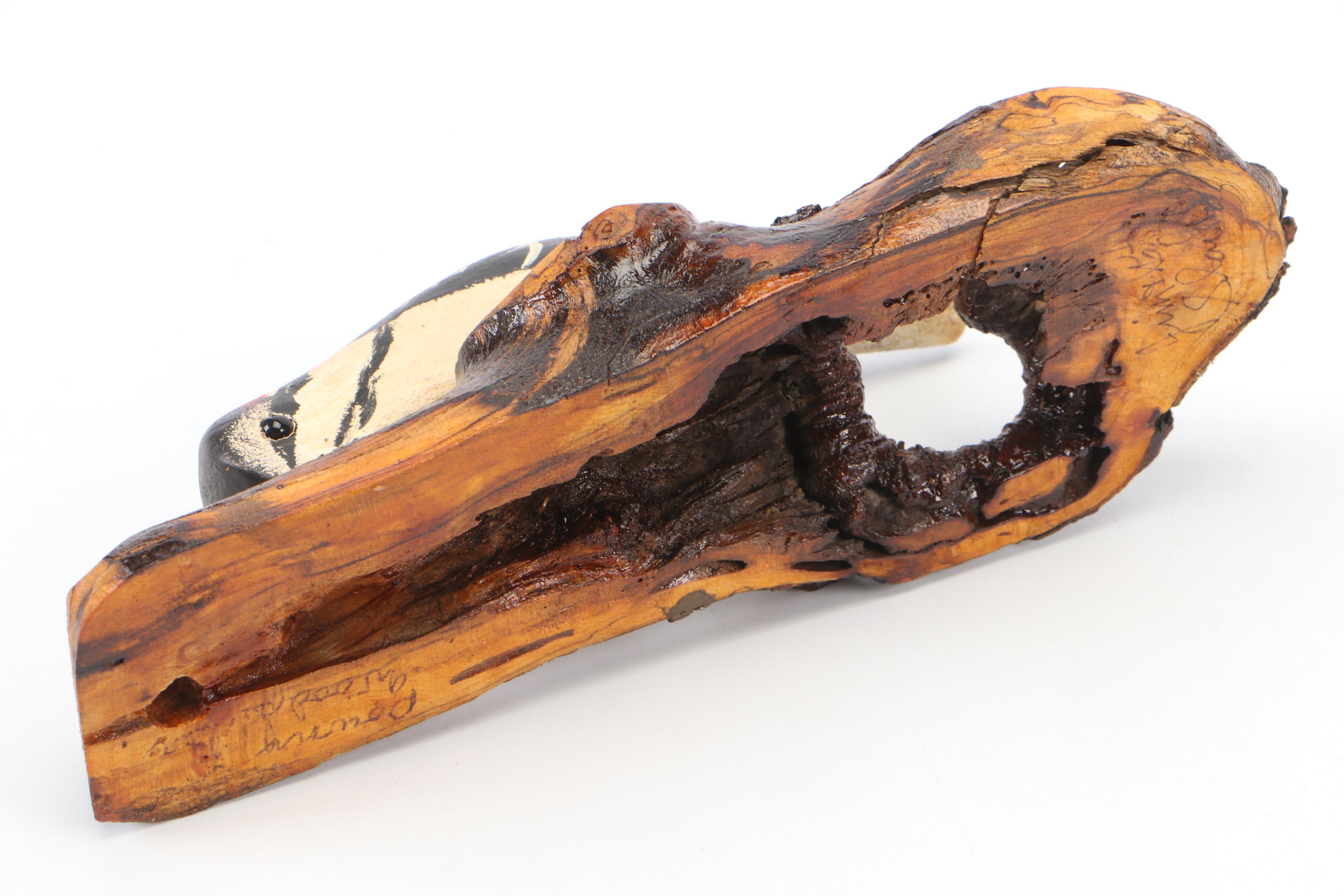 Jim & Pat Slack Hand-Painted and Carved Downy Woodpecker With Tree Knot