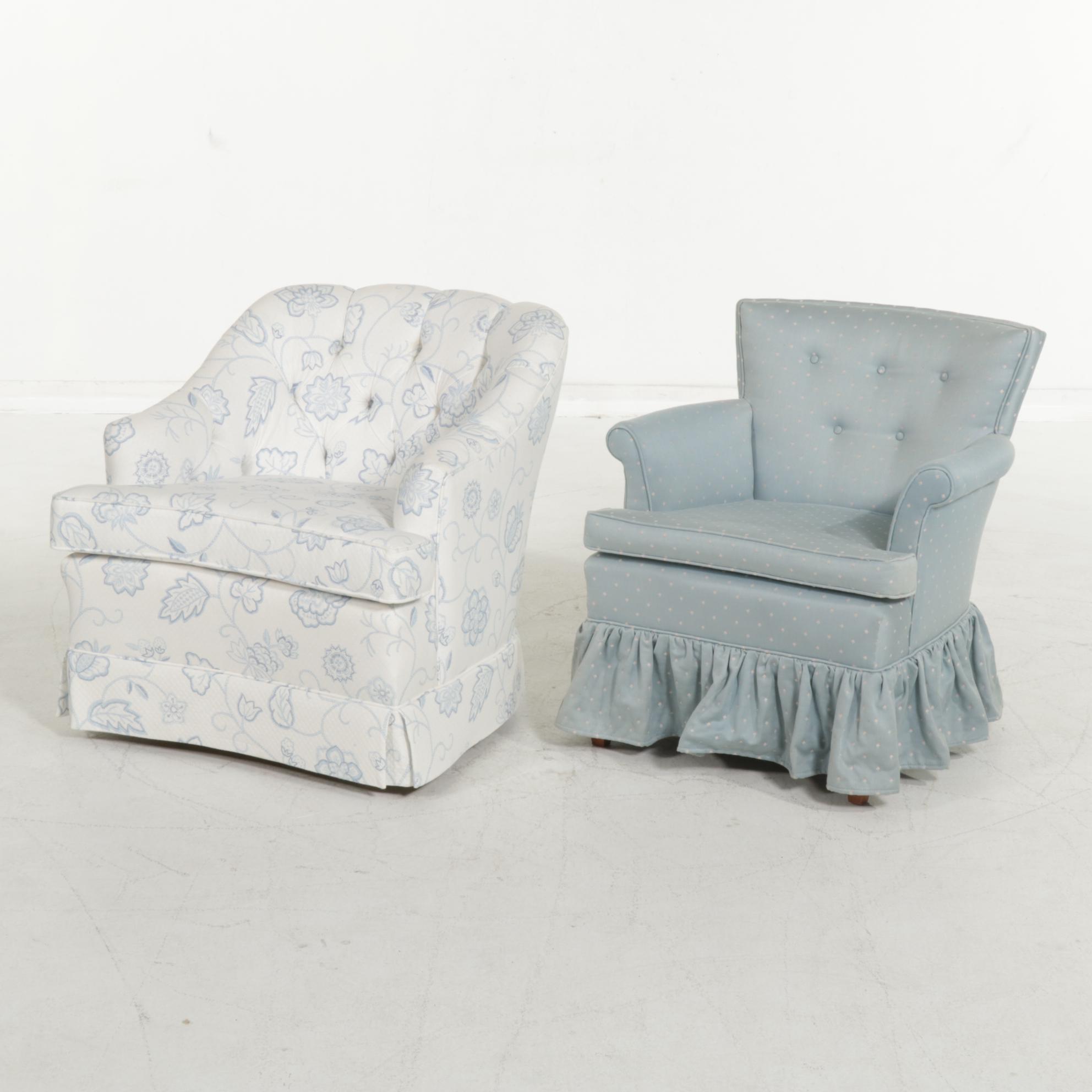Crewel-Print and Button-Tufted Swivel Chair with Skirted Boudoir Chair