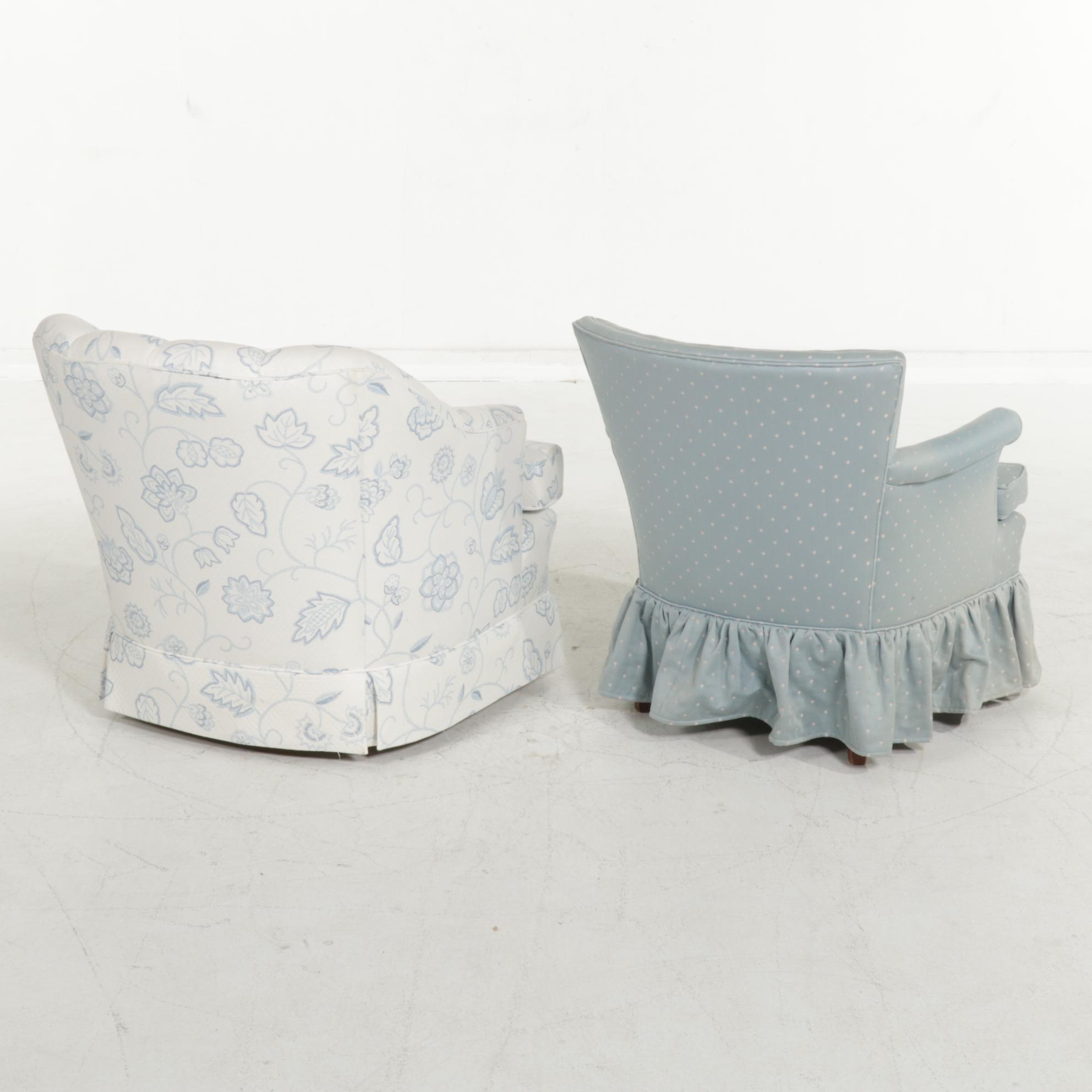 Crewel-Print and Button-Tufted Swivel Chair with Skirted Boudoir Chair