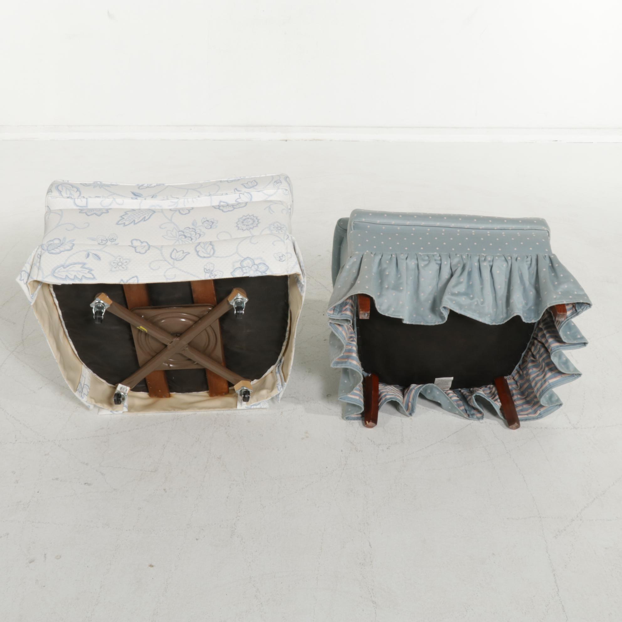 Crewel-Print and Button-Tufted Swivel Chair with Skirted Boudoir Chair