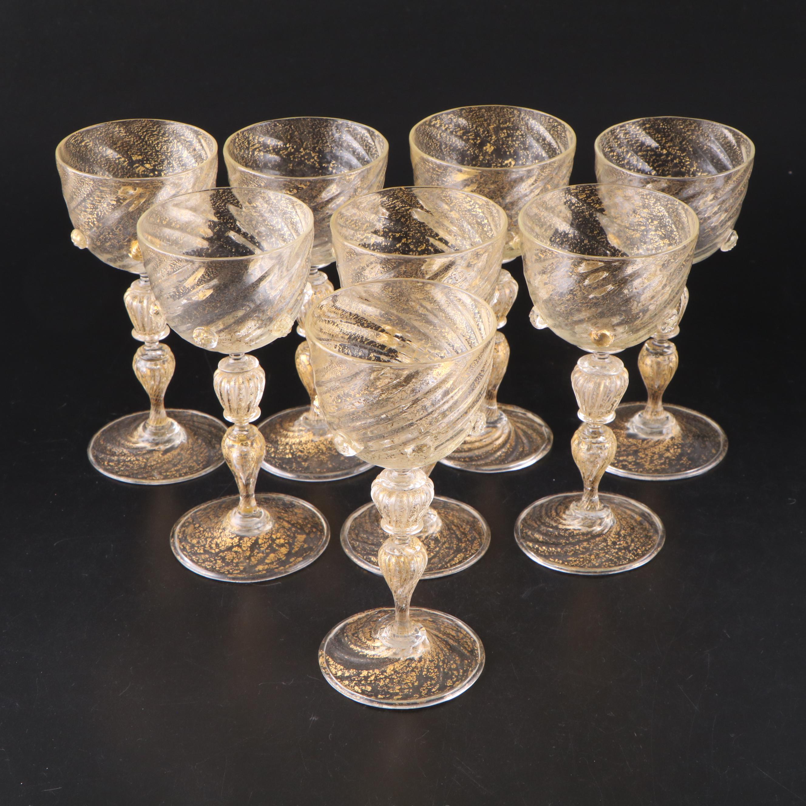 Salviati Murano Gold Leaf Blown Art Glass Wine Glasses, Early/Mid 20th C.