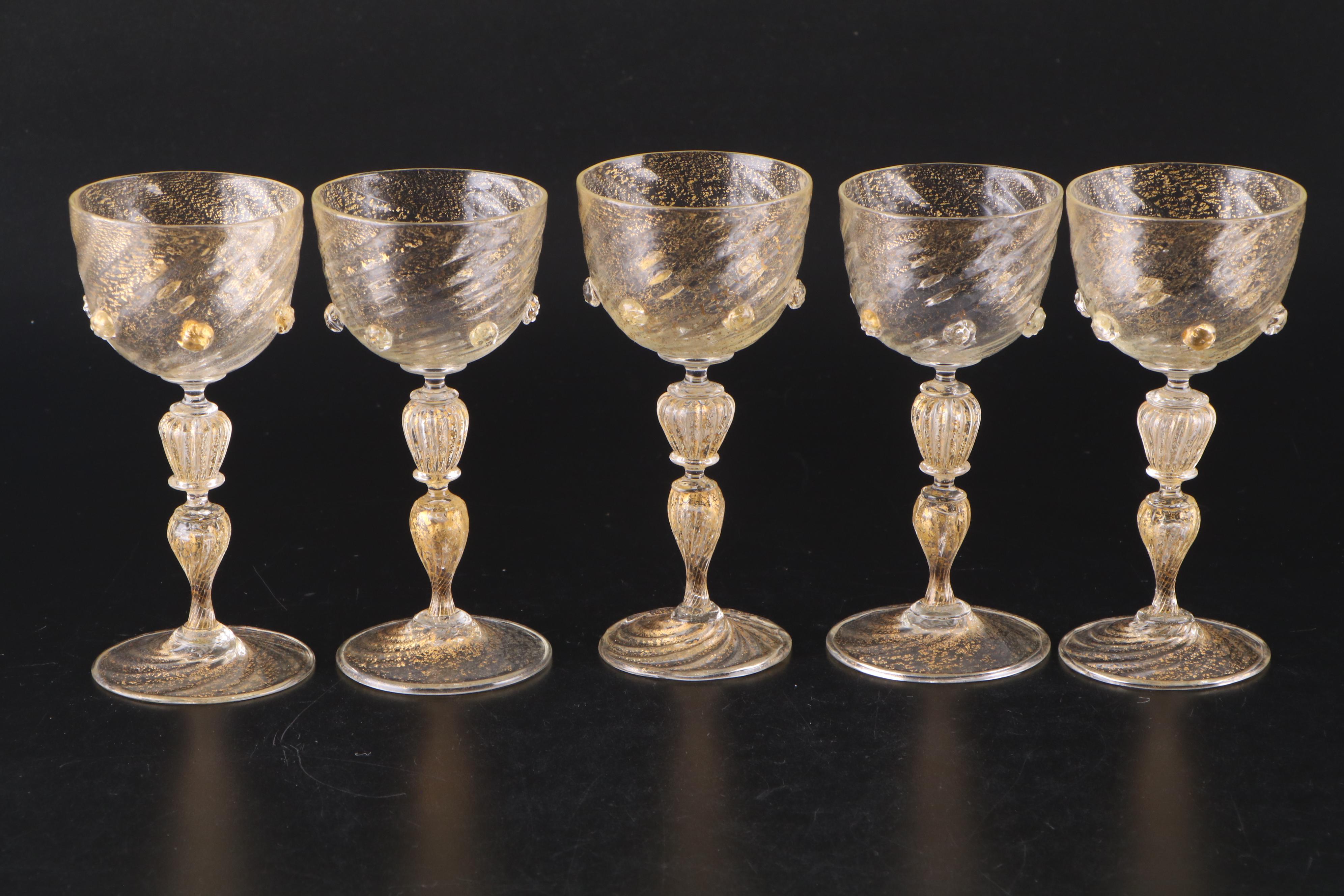 Salviati Murano Gold Leaf Blown Art Glass Wine Glasses, Early/Mid 20th C.