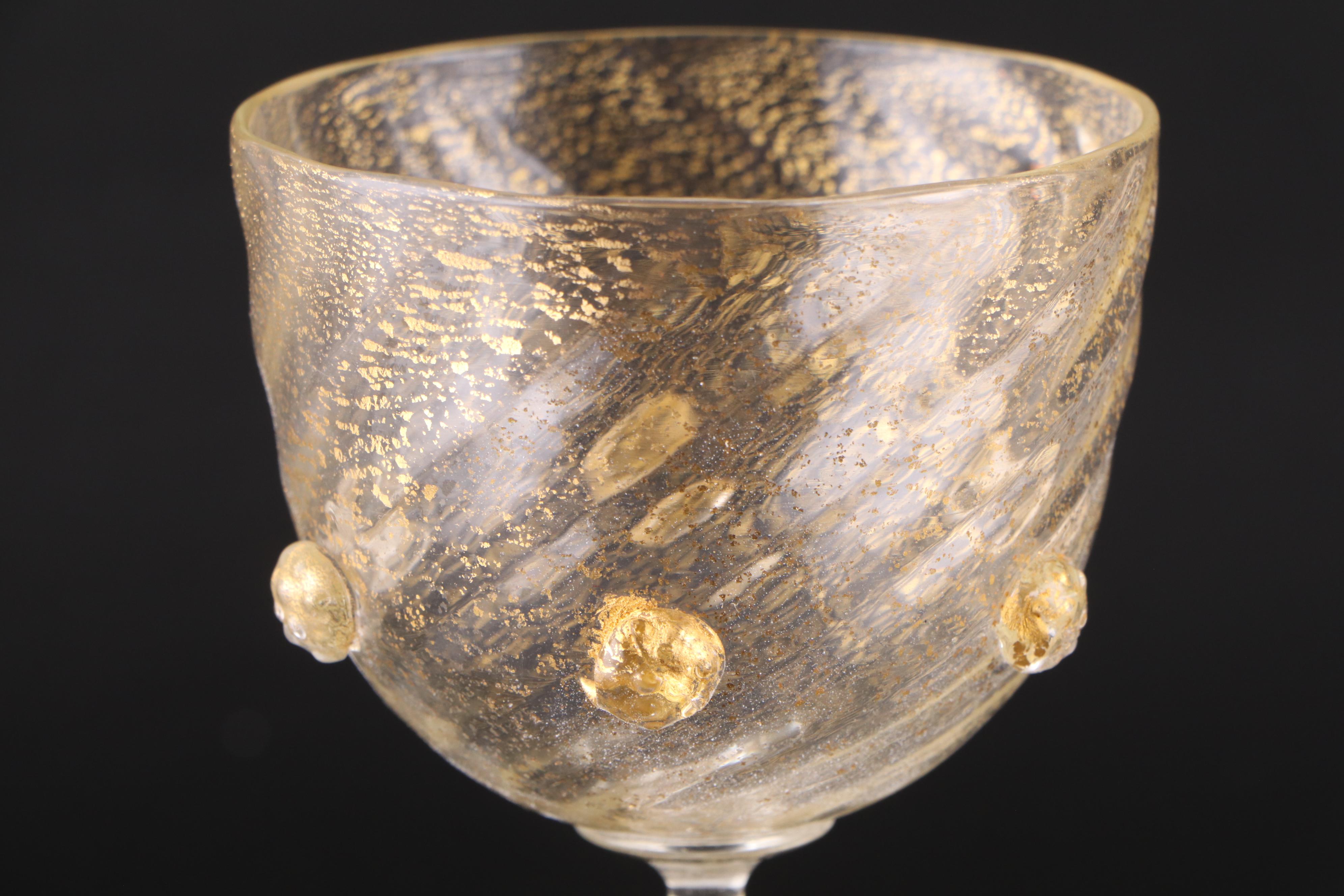 Salviati Murano Gold Leaf Blown Art Glass Wine Glasses, Early/Mid 20th C.