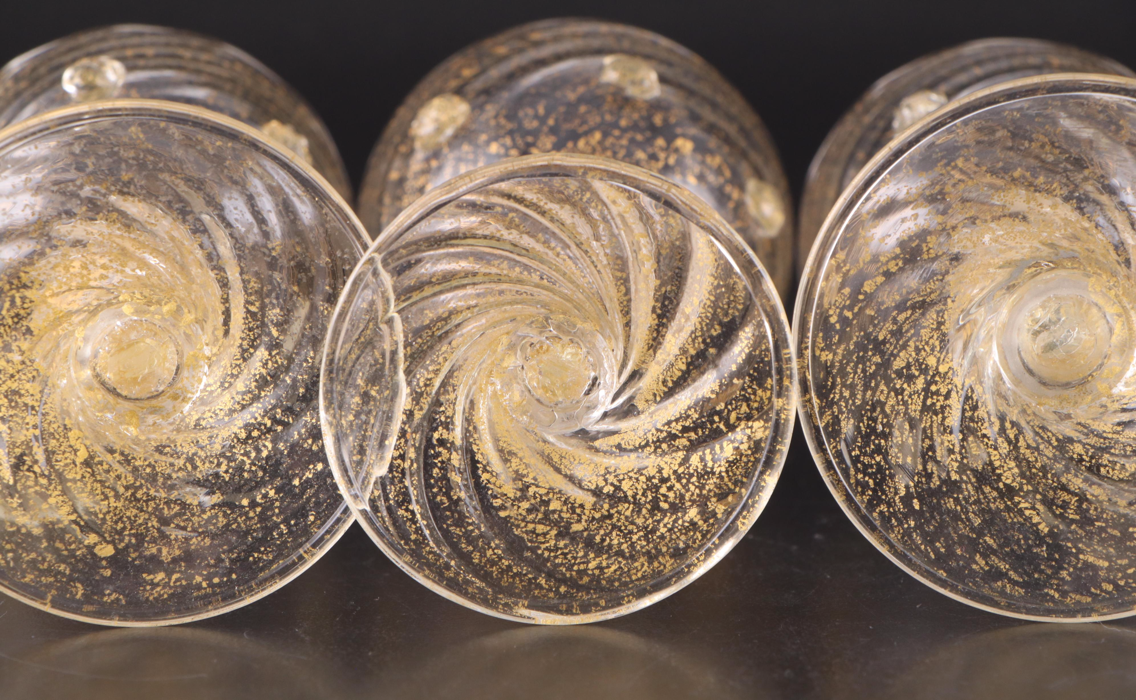 Salviati Murano Gold Leaf Blown Art Glass Wine Glasses, Early/Mid 20th C.