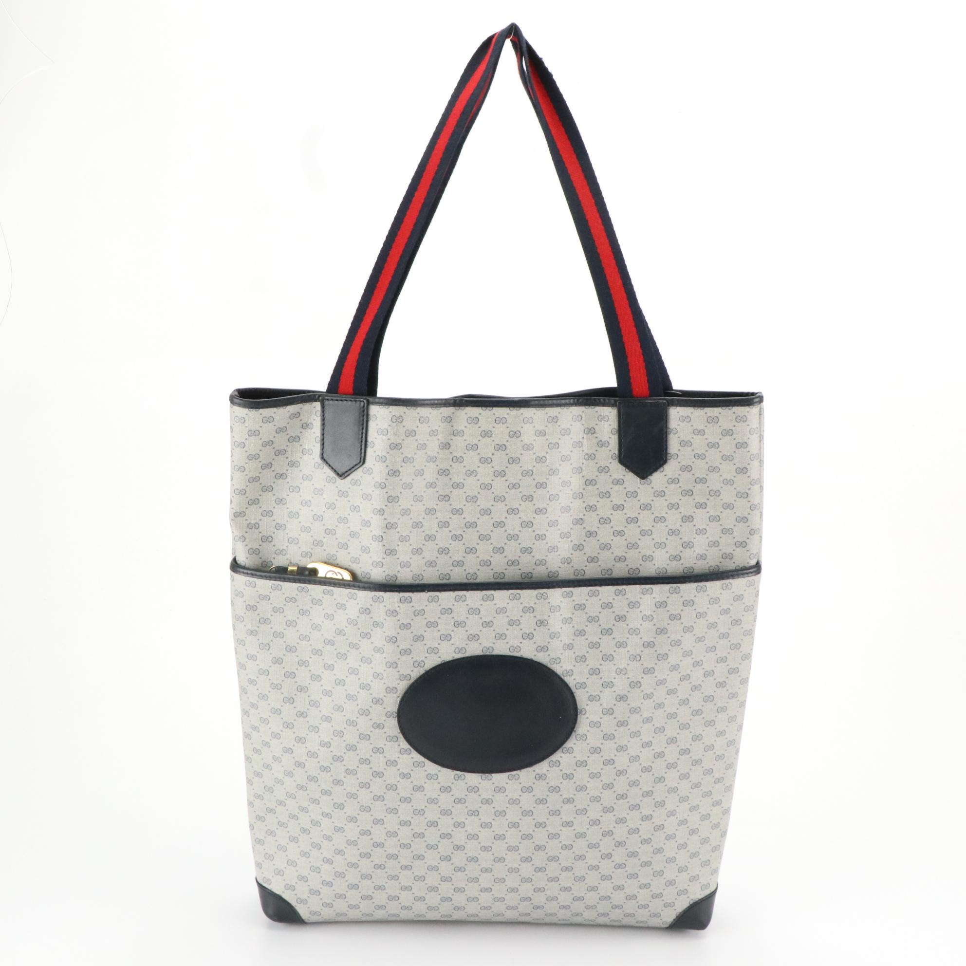 Gucci Web Strap Tote Bag in Navy Blue Micro GG Coated Canvas & Leather Trim