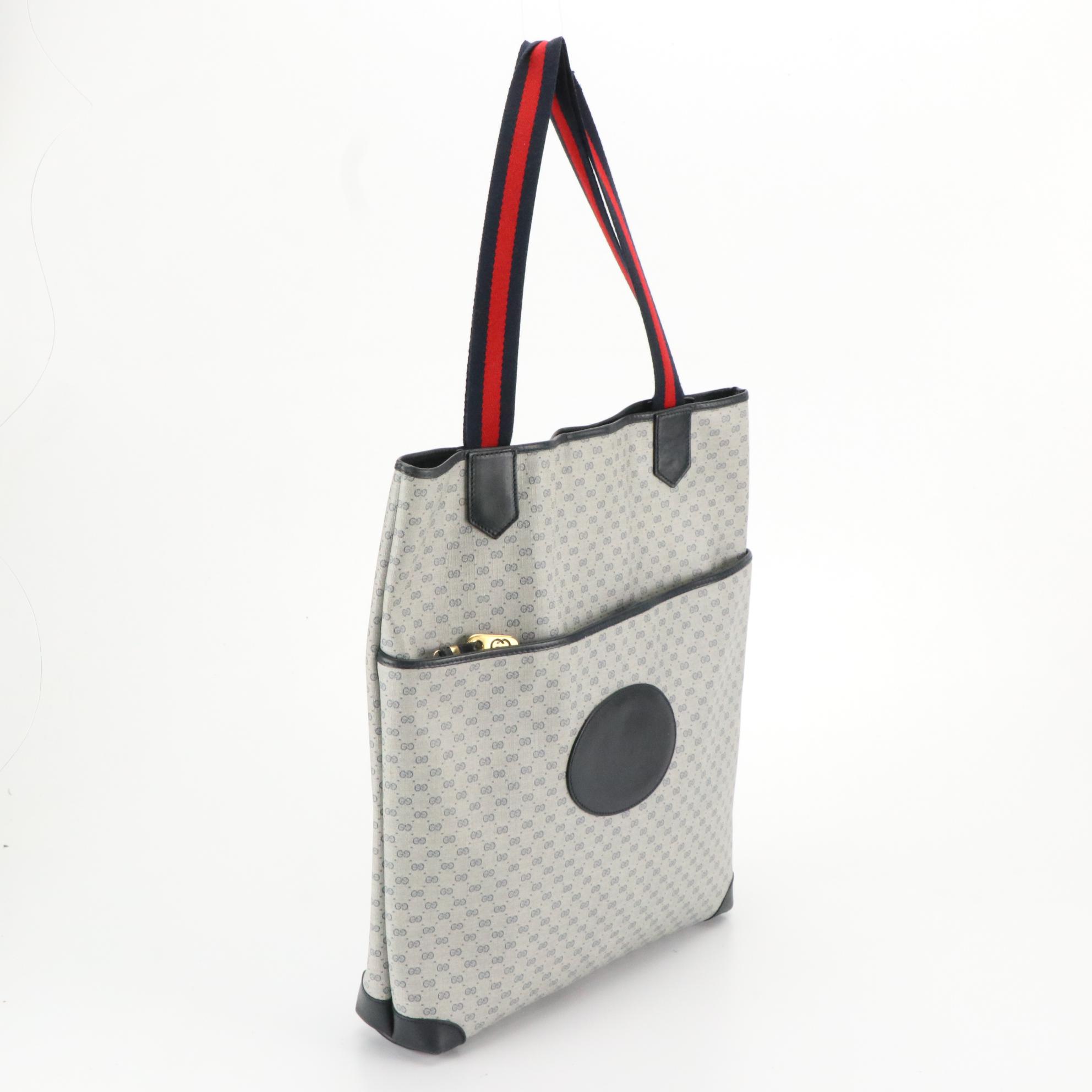 Gucci Web Strap Tote Bag in Navy Blue Micro GG Coated Canvas & Leather Trim