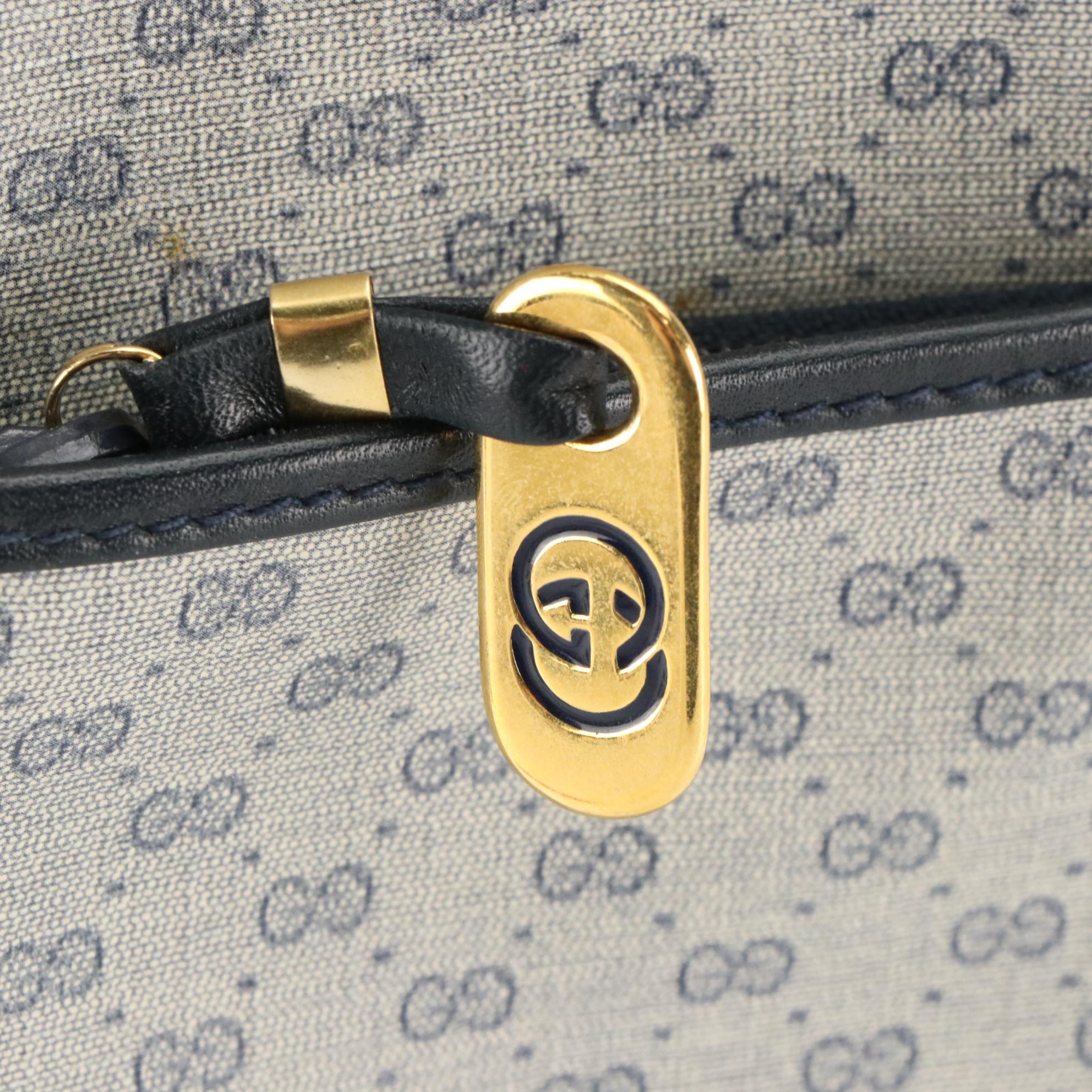 Gucci Web Strap Tote Bag in Navy Blue Micro GG Coated Canvas & Leather Trim