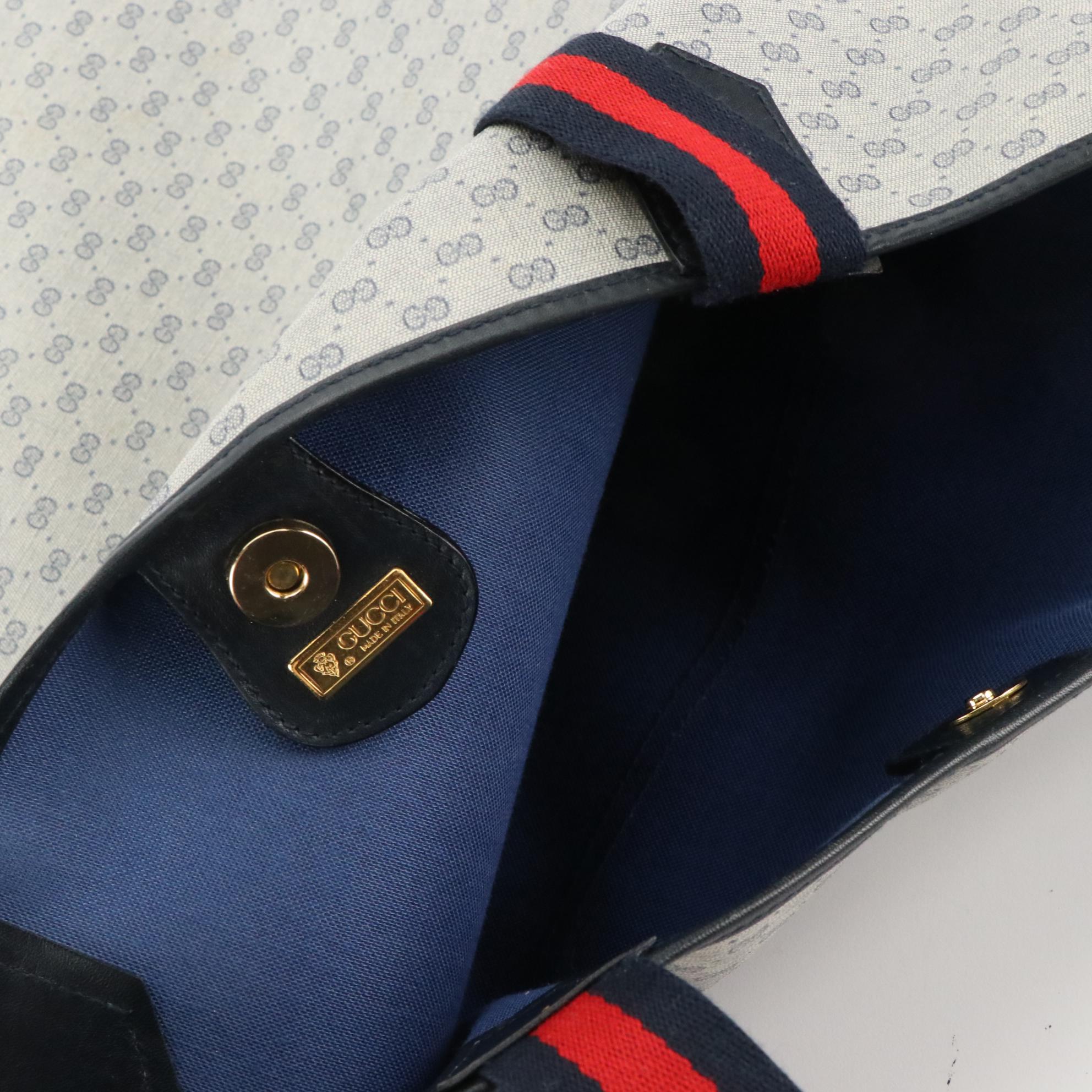 Gucci Web Strap Tote Bag in Navy Blue Micro GG Coated Canvas & Leather Trim