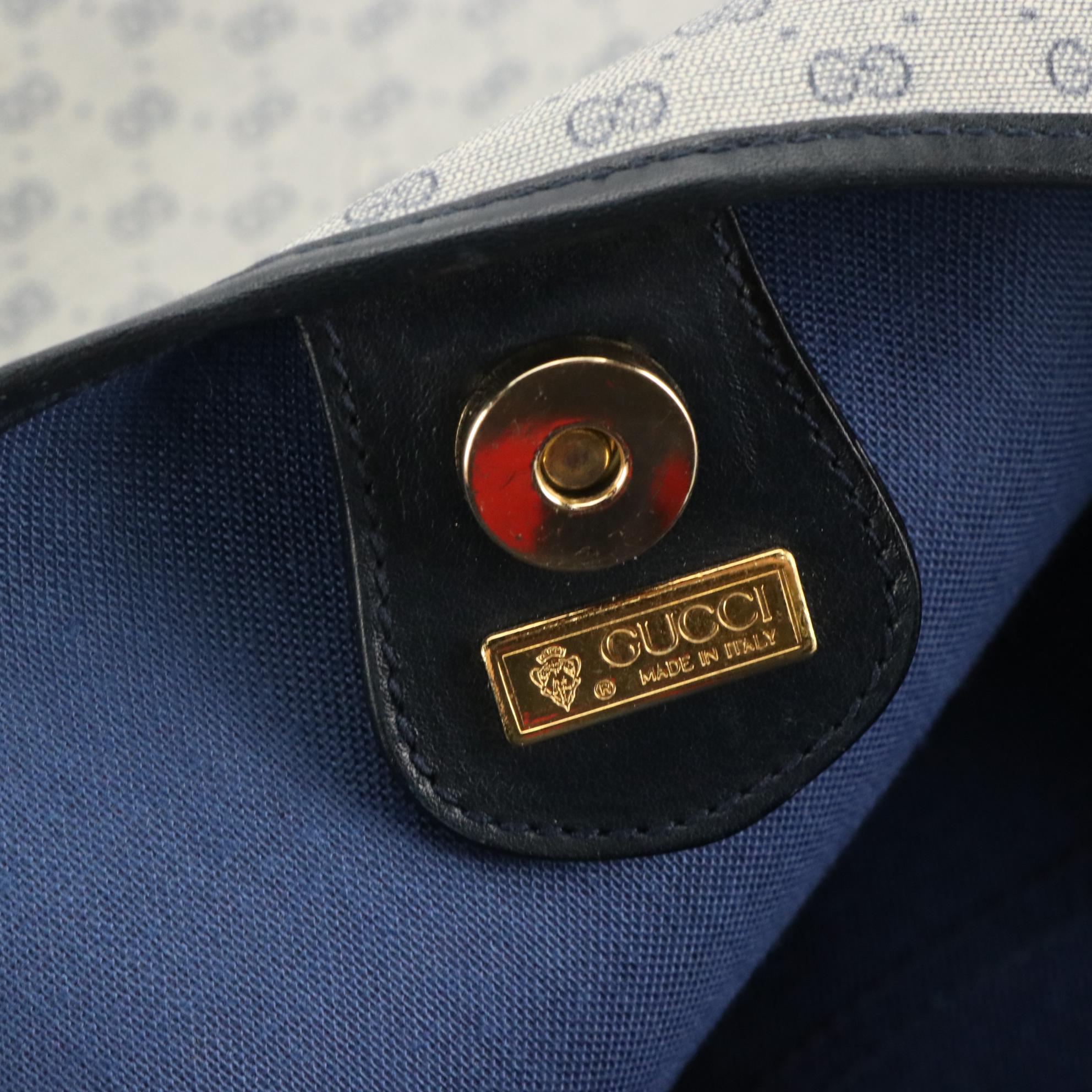 Gucci Web Strap Tote Bag in Navy Blue Micro GG Coated Canvas & Leather Trim