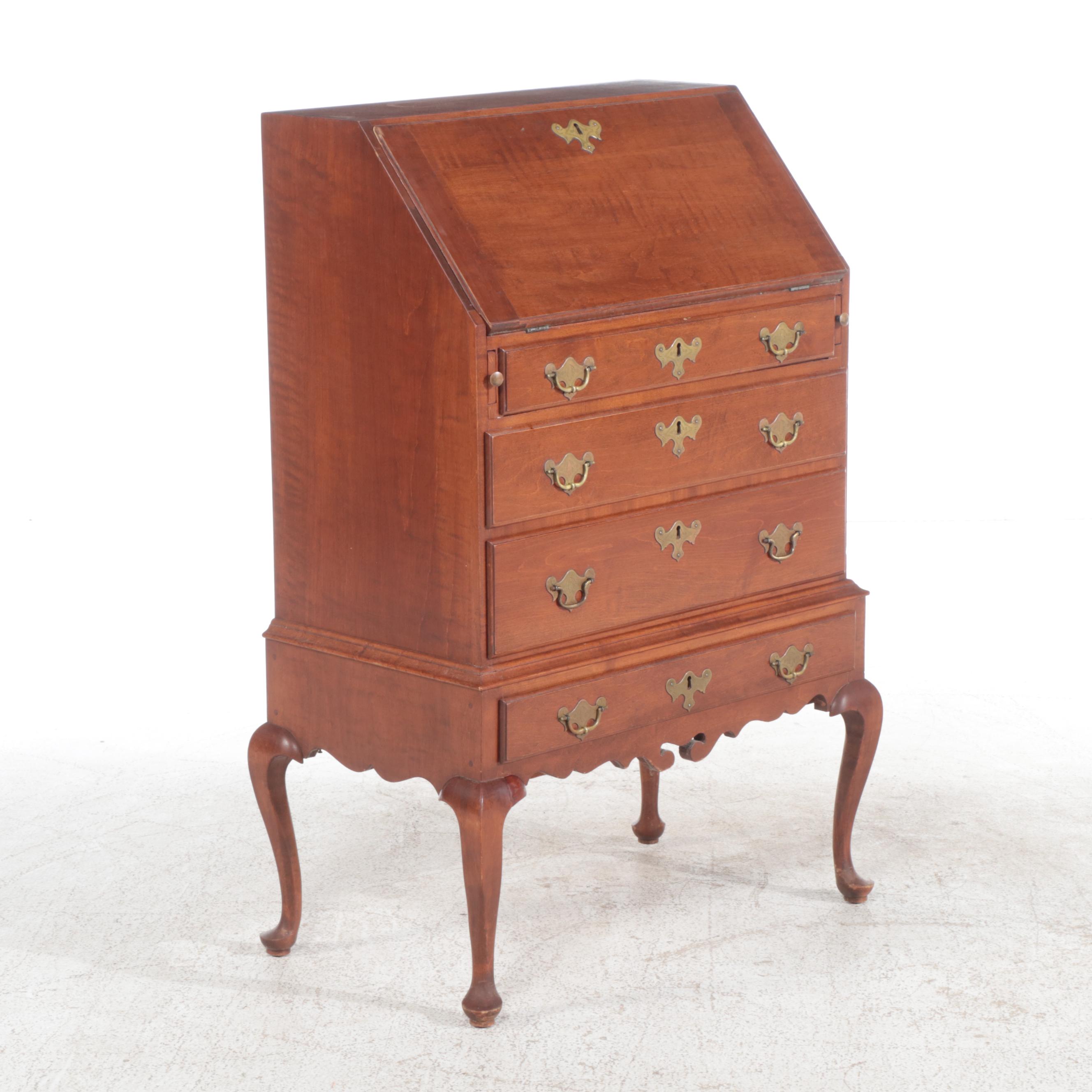 Queen Anne Style Tiger Maple Slant Front Desk-on-Stand, 20th Century