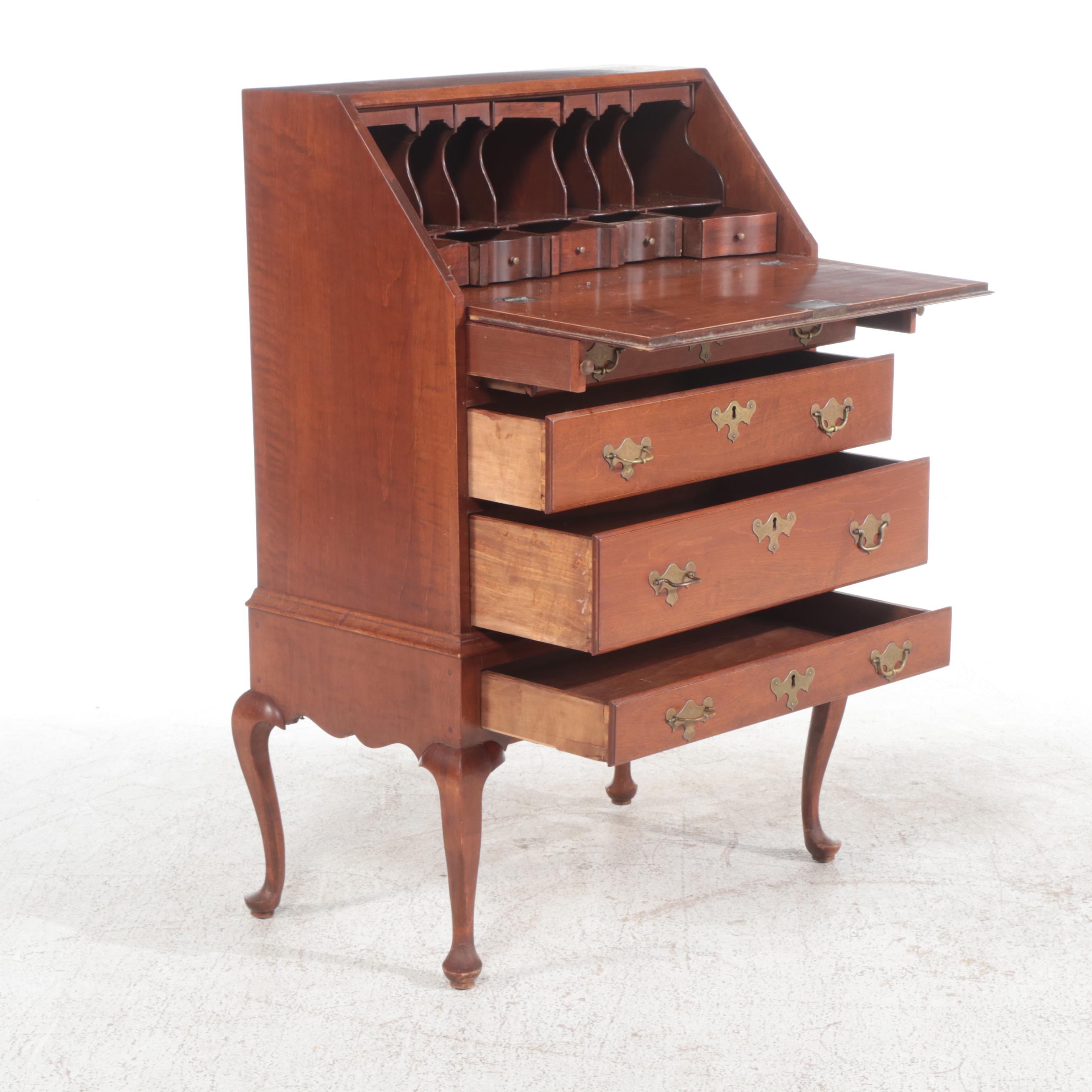 Queen Anne Style Tiger Maple Slant Front Desk-on-Stand, 20th Century