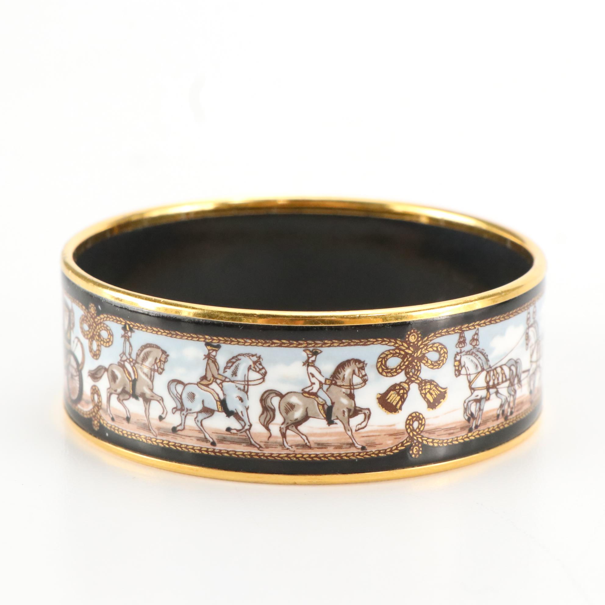 Hermès Wide Horse and Carriage Enamel Bangle Bracelet