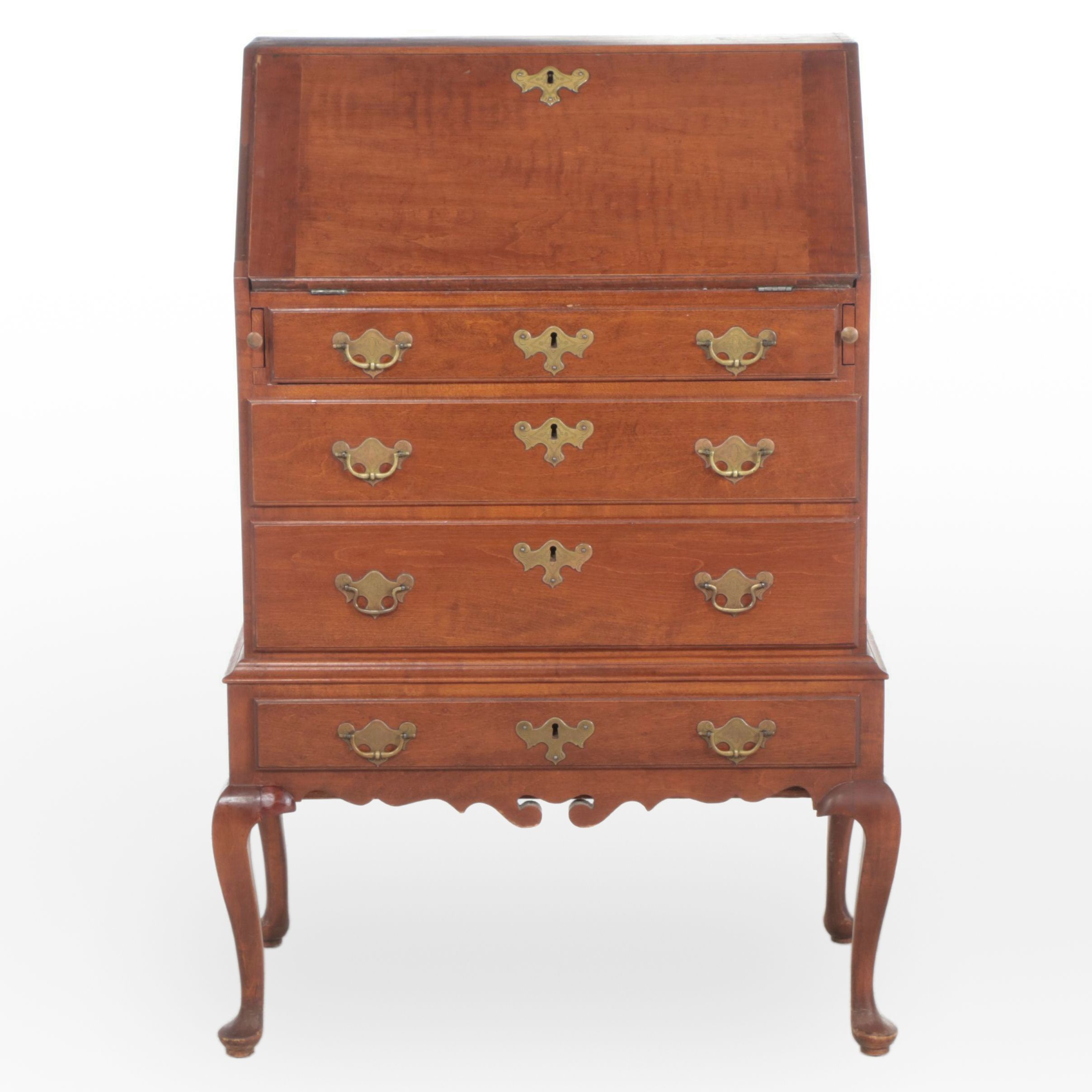 Queen Anne Style Tiger Maple Slant Front Desk-on-Stand, 20th Century