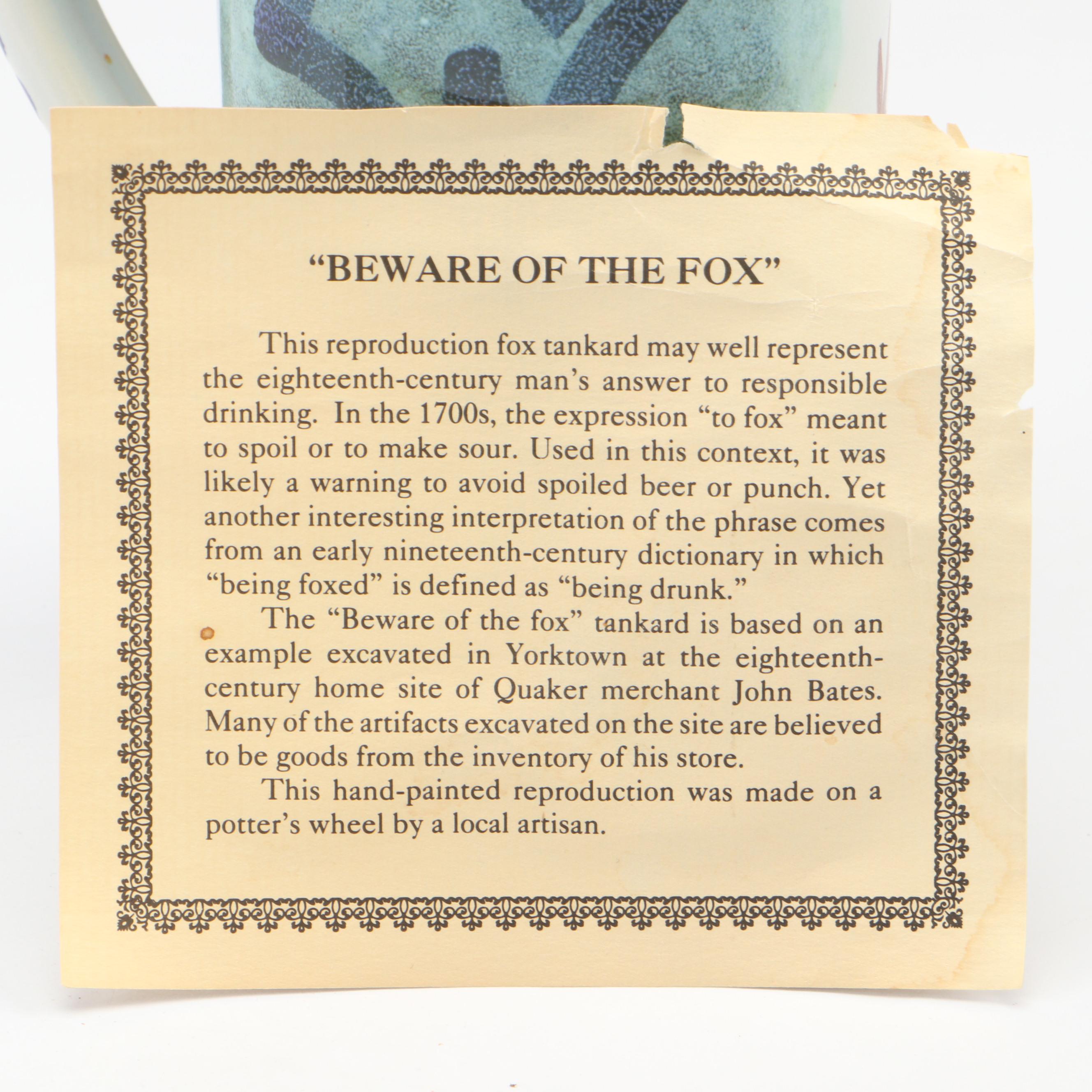 Bybee Pottery Pitcher with Colonial Style Beware of the Fox Tankard and Jug