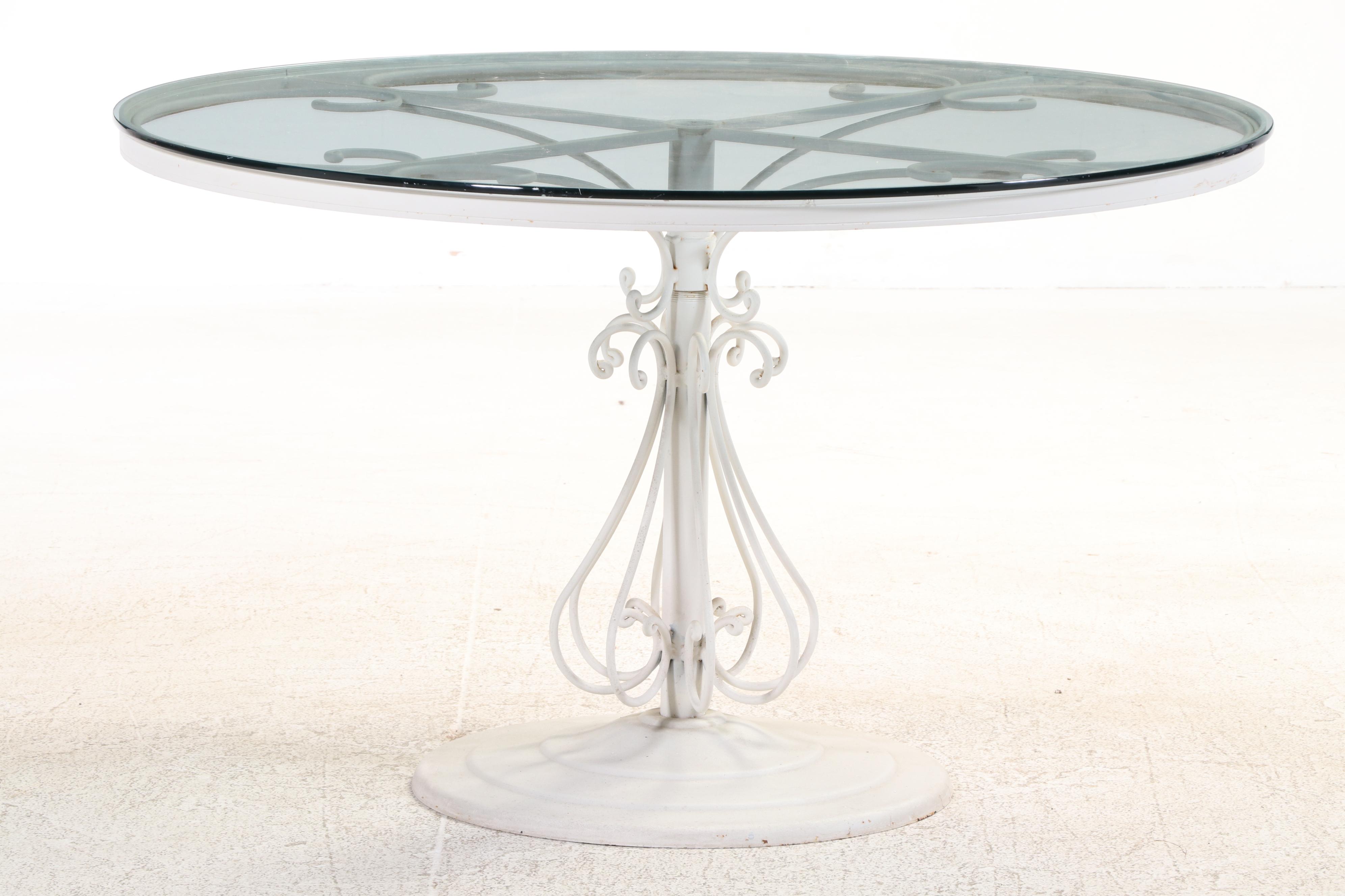 Five-Piece Woodard "Ribcage" White-Painted Iron and Glass Top Patio Dining Set