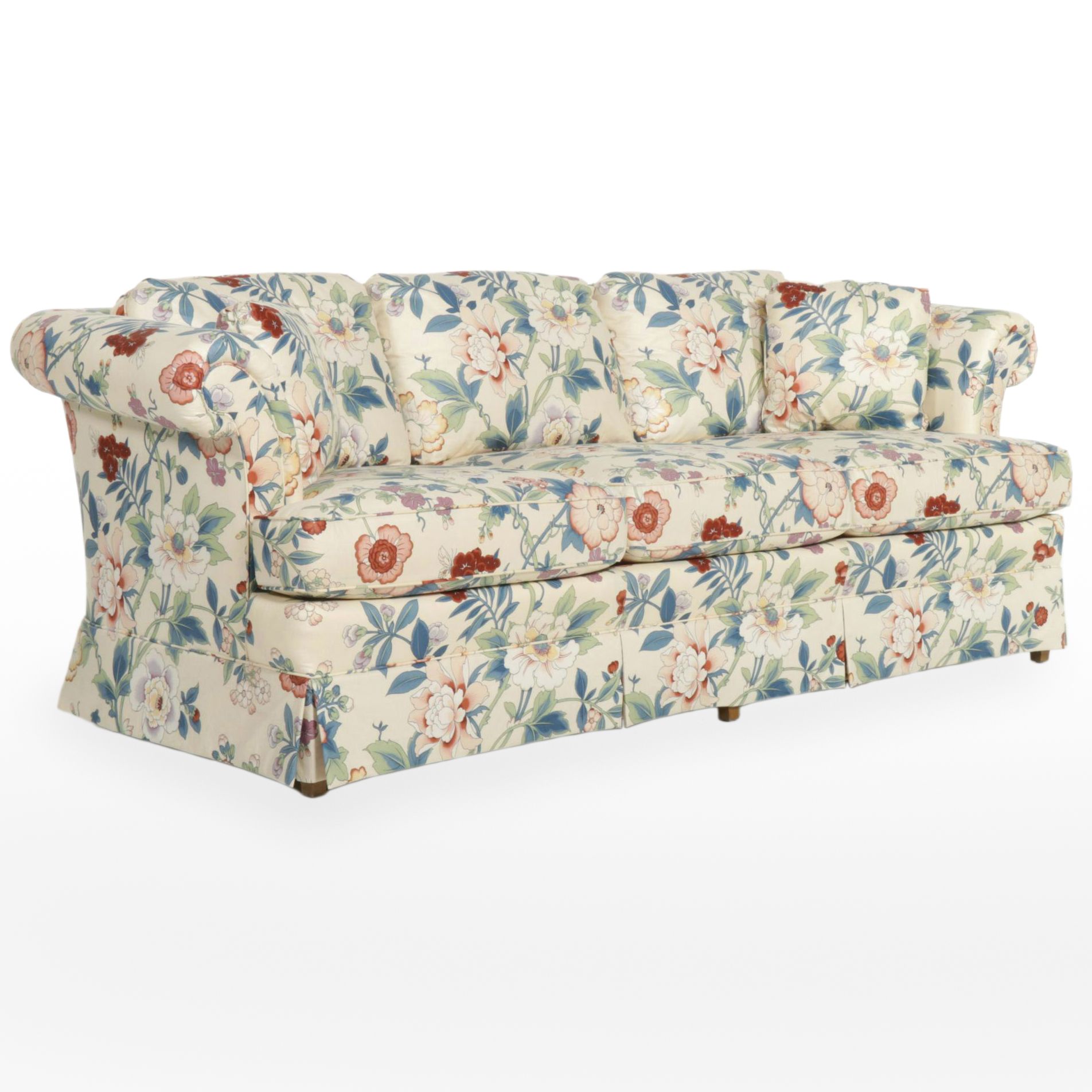 Drexel-Heritage Floral Upholstered Roll-Arm Three-Seat Sofa, Late 20th Century