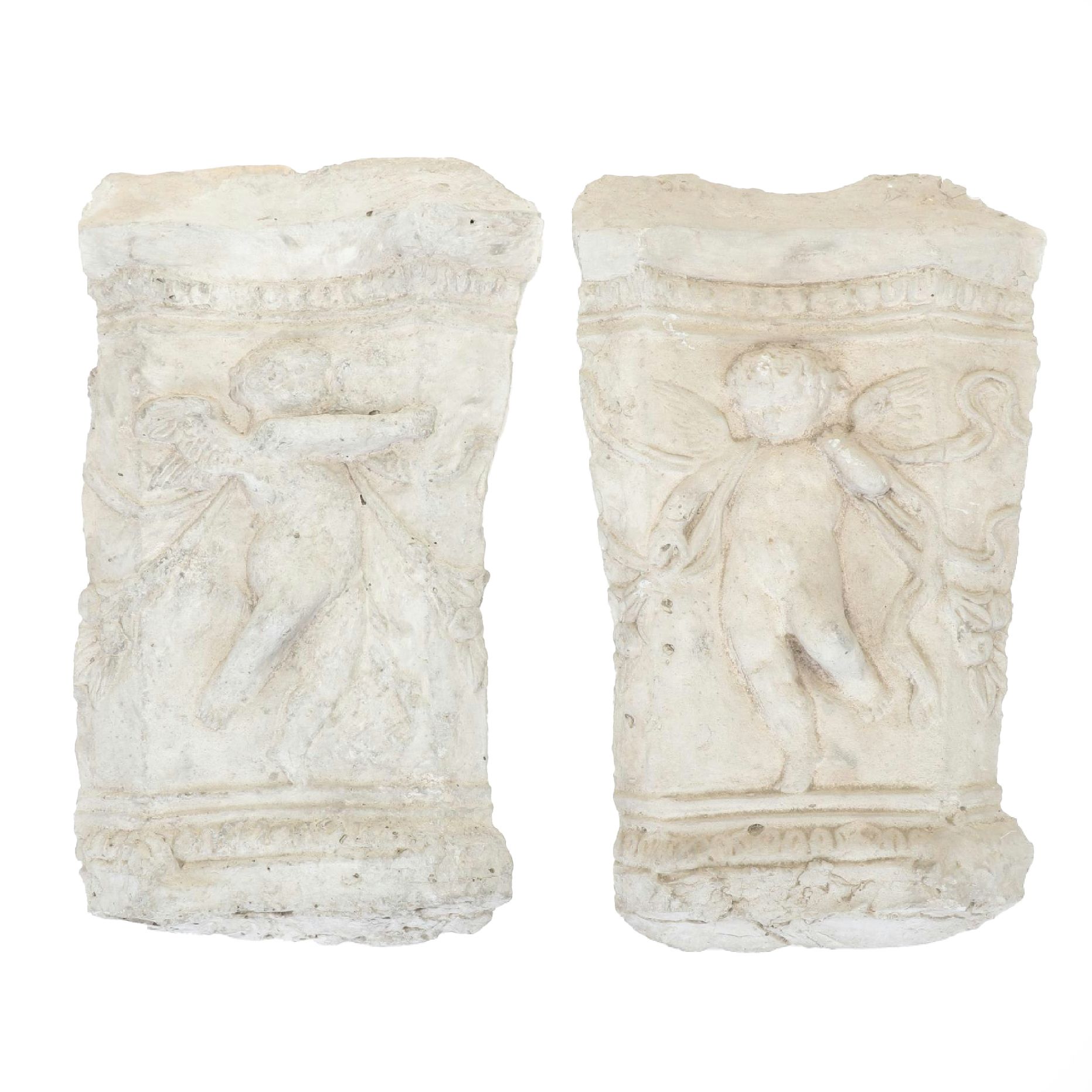 Concrete Cherub Themed Wall Plaques, Pair In Relief Features Different Poses