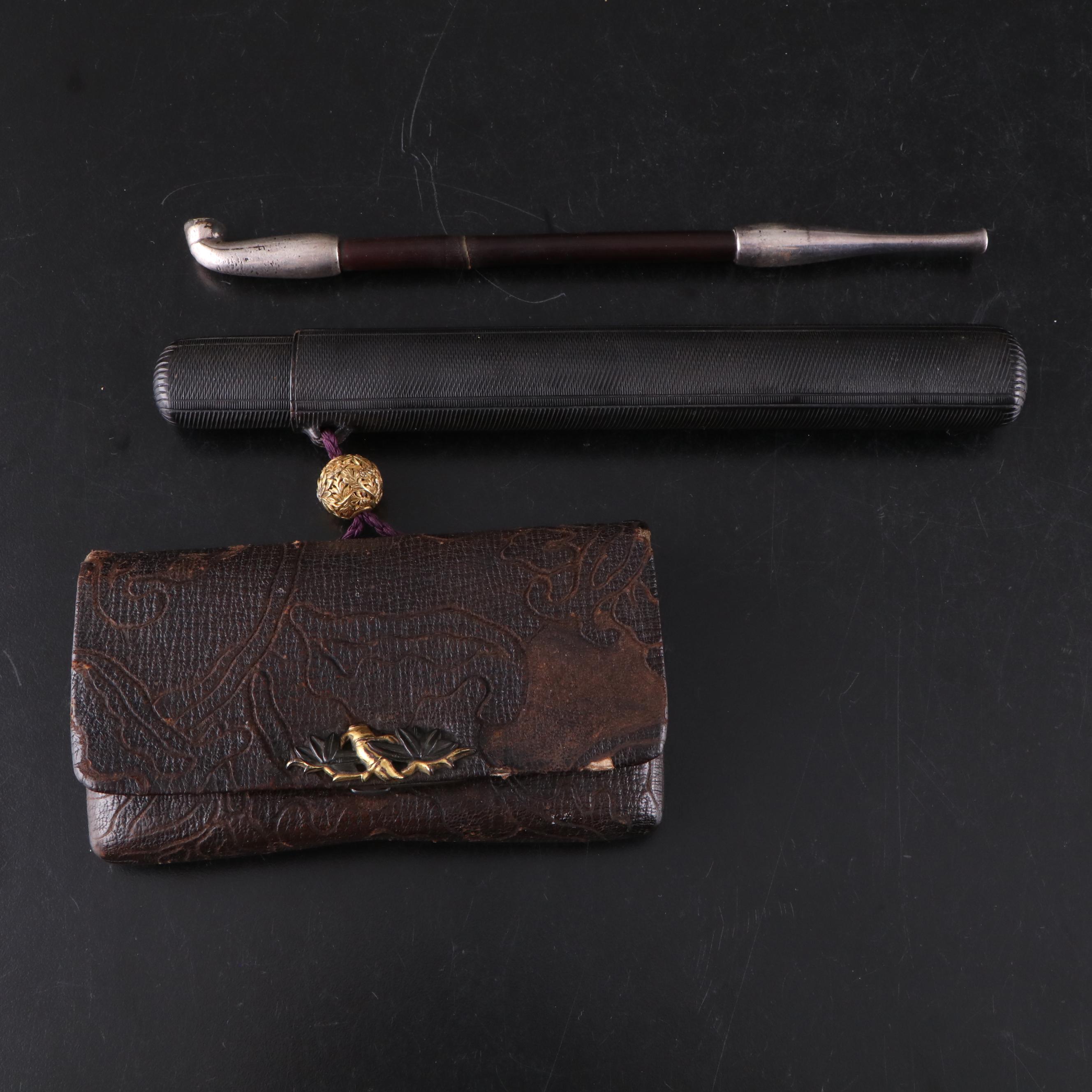 Japanese Sterling Silver "Kiseru" Tobacco Pipe with Tobacco Pouch Holder