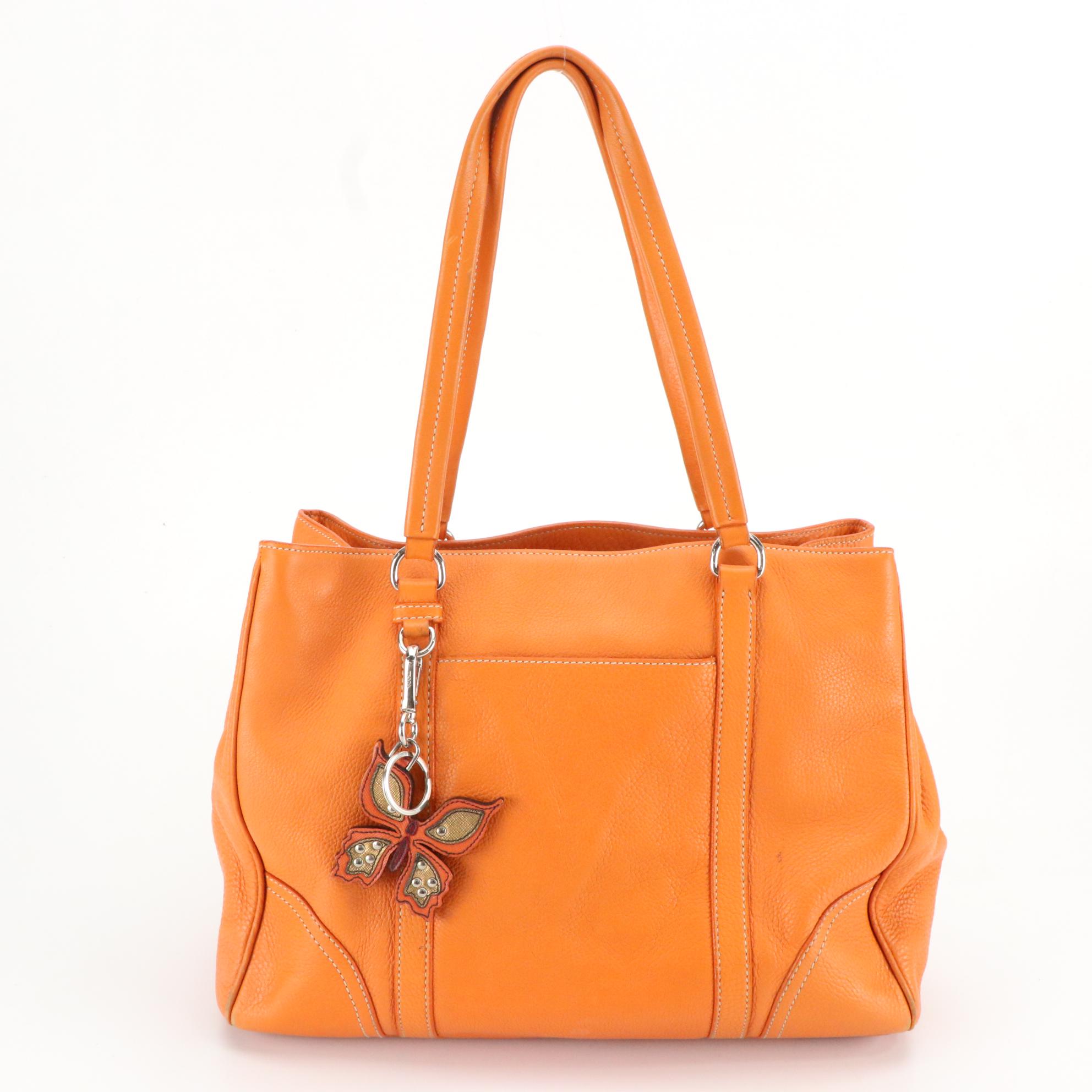 Prada Tangerine Orange Pebbled Leather Shoulder Bag with Butterfly Charm