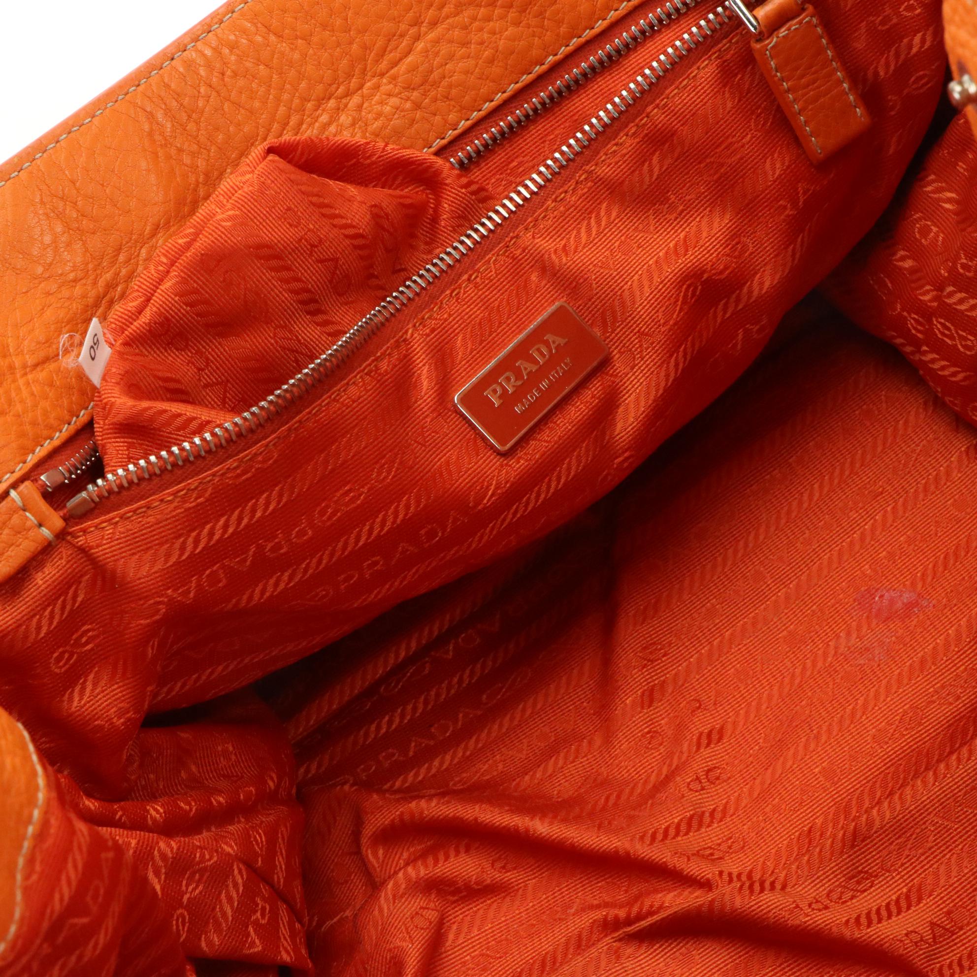 Prada Tangerine Orange Pebbled Leather Shoulder Bag with Butterfly Charm