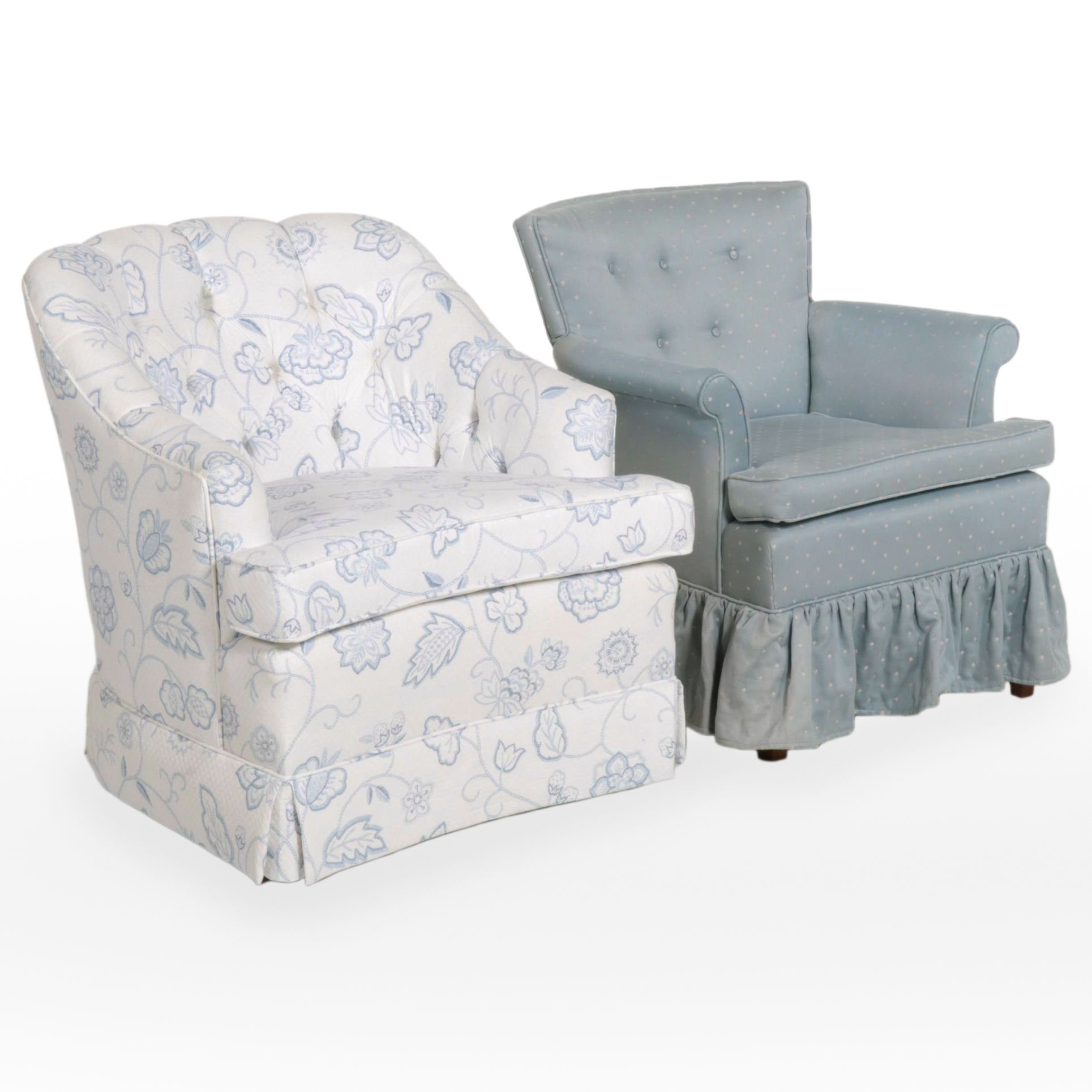 Crewel-Print and Button-Tufted Swivel Chair with Skirted Boudoir Chair