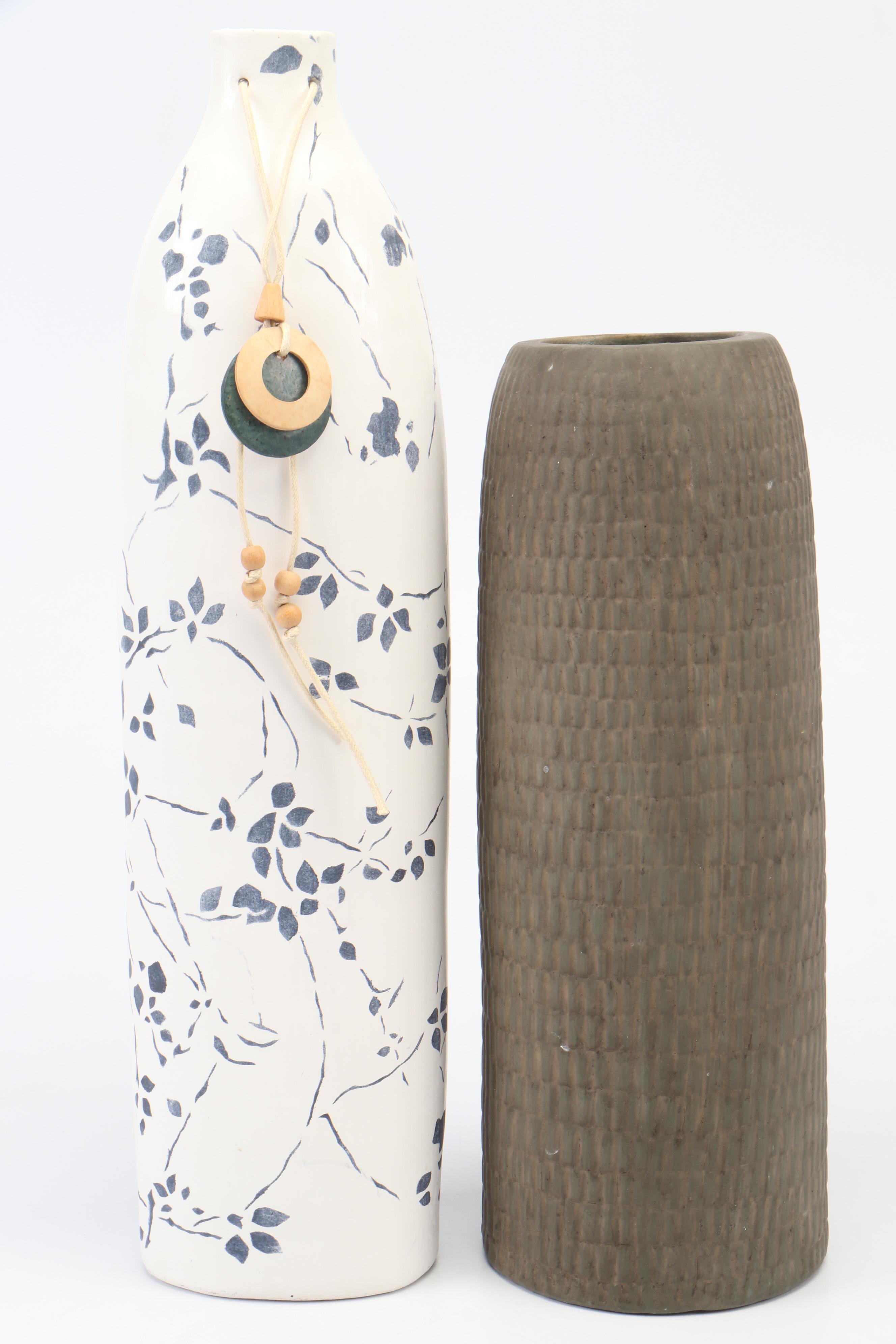 Basket Weave Pattern Unglazed Stoneware Vase with Other Ceramic Vases