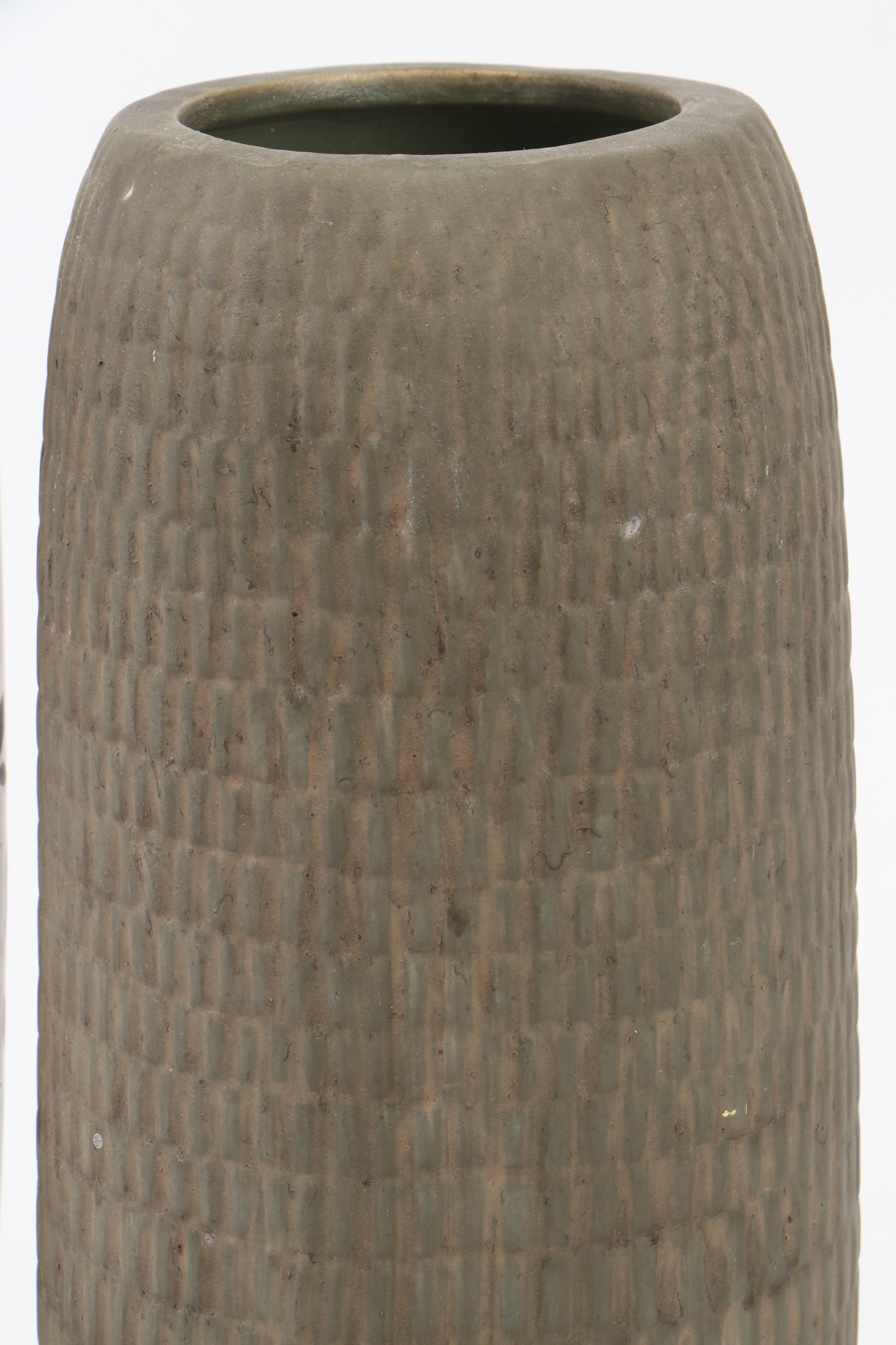 Basket Weave Pattern Unglazed Stoneware Vase with Other Ceramic Vases