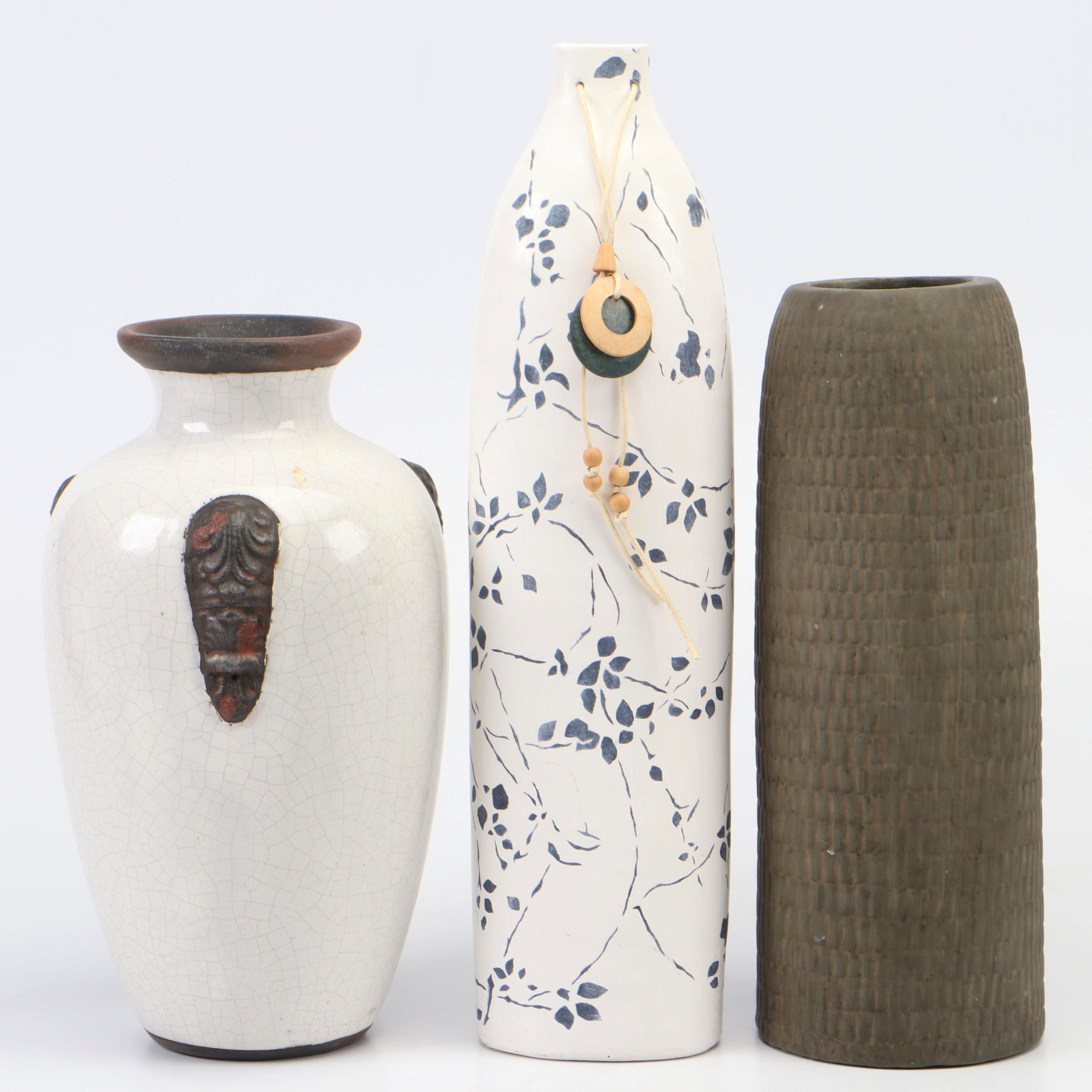 Basket Weave Pattern Unglazed Stoneware Vase with Other Ceramic Vases