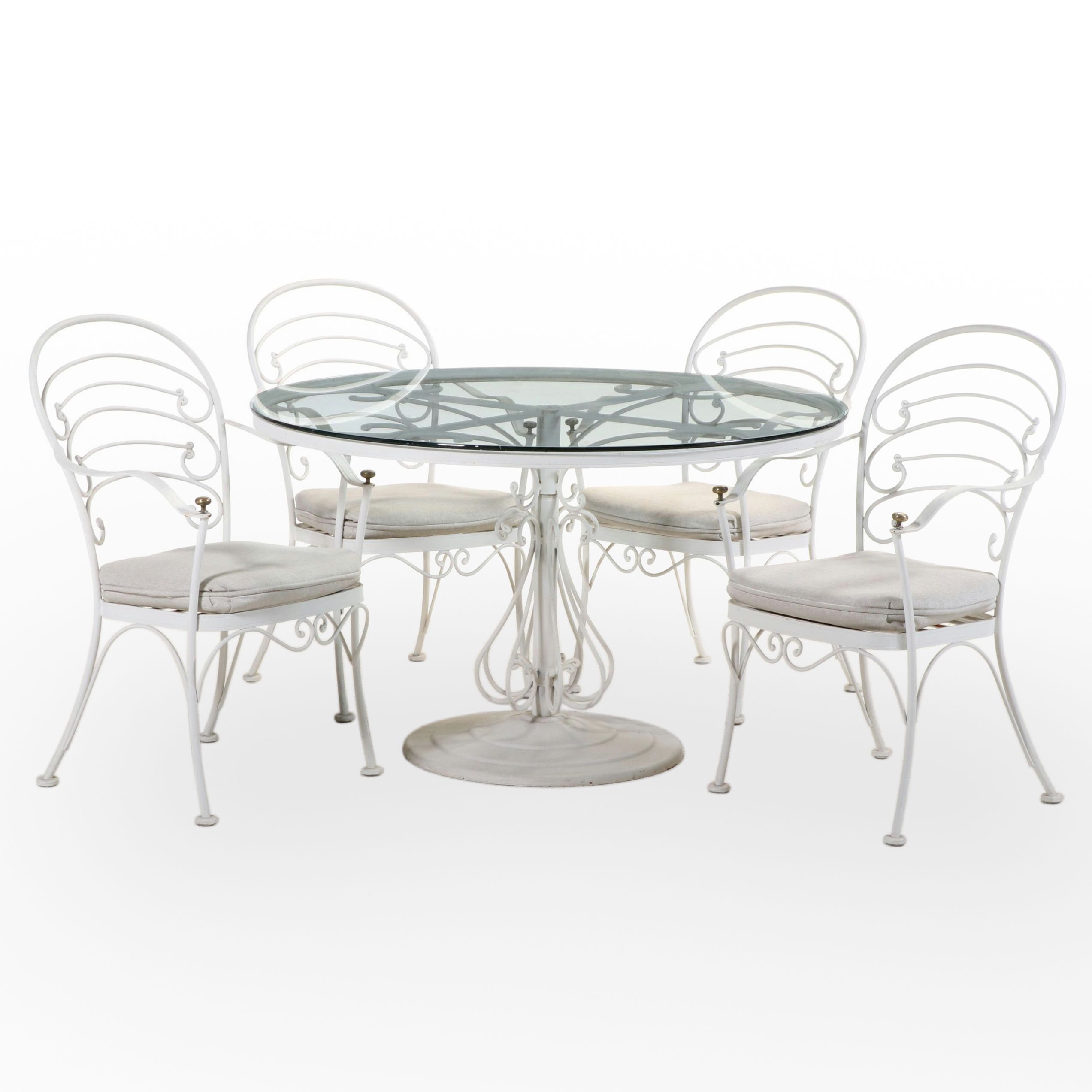 Five-Piece Woodard "Ribcage" White-Painted Iron and Glass Top Patio Dining Set